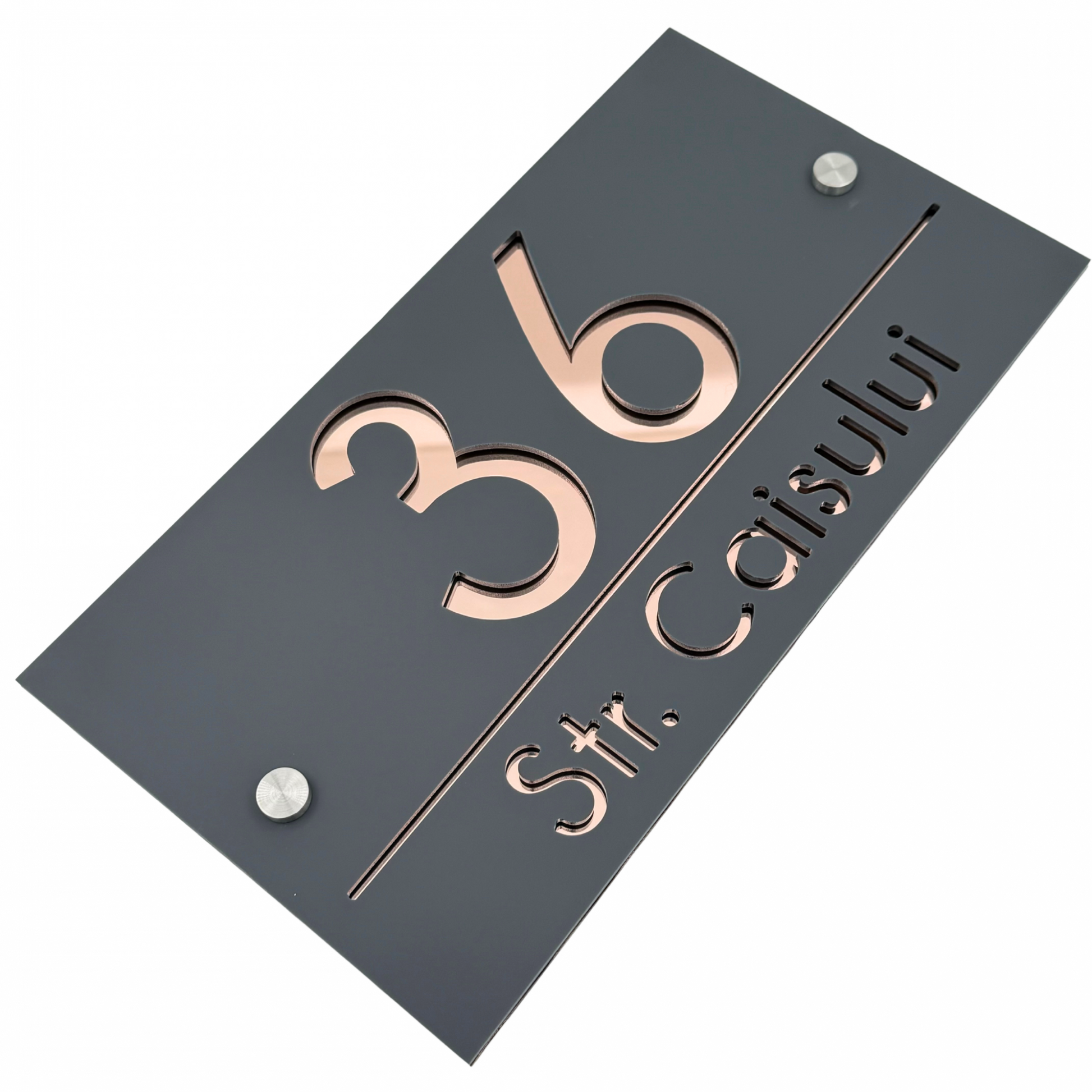 PREMIUM HOUSE NUMBER - Satin Grey Rose Gold Mirror 2 Spacers Silver - 28×15 cm