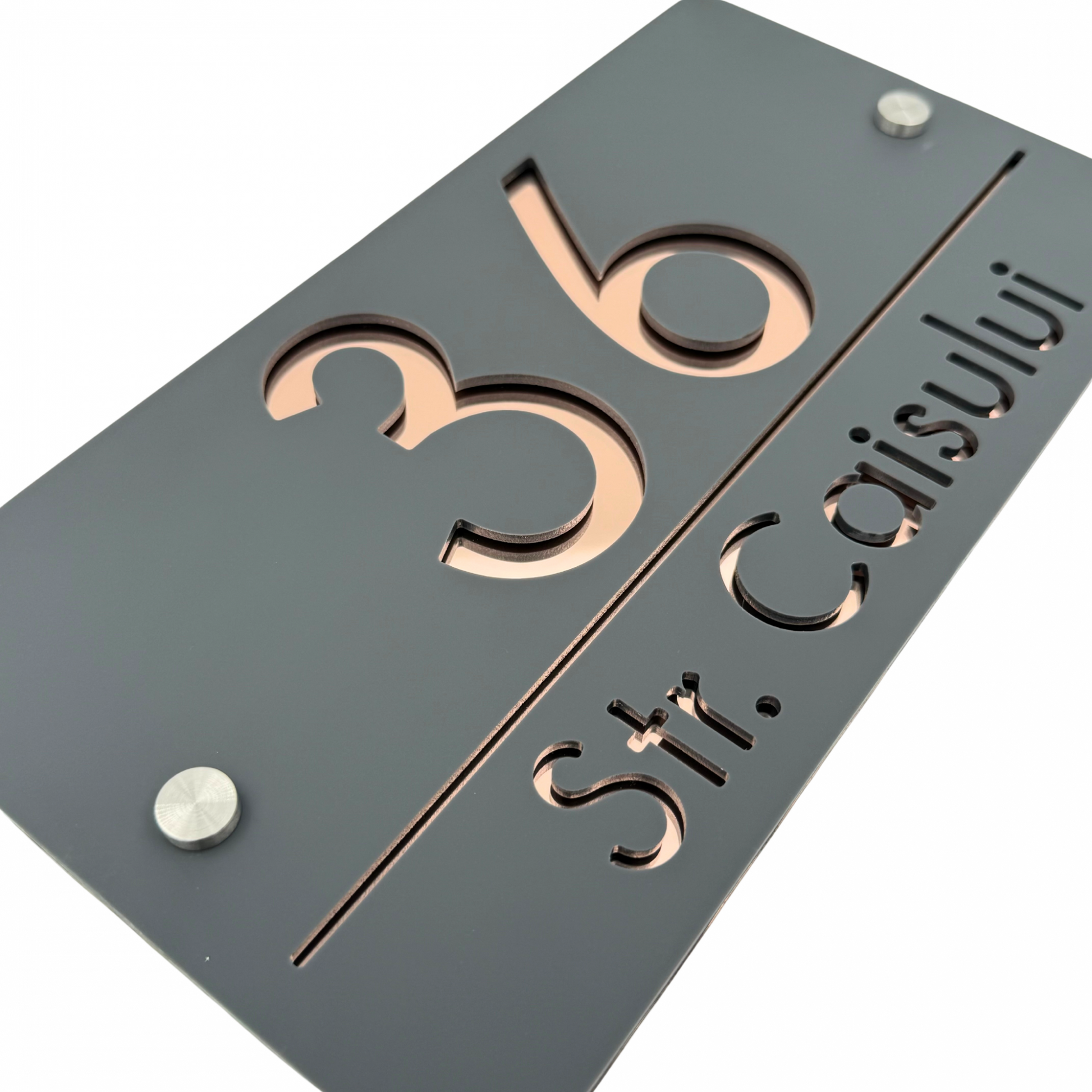 PREMIUM HOUSE NUMBER - Satin Grey Rose Gold Mirror 2 Spacers Silver - 28×15 cm