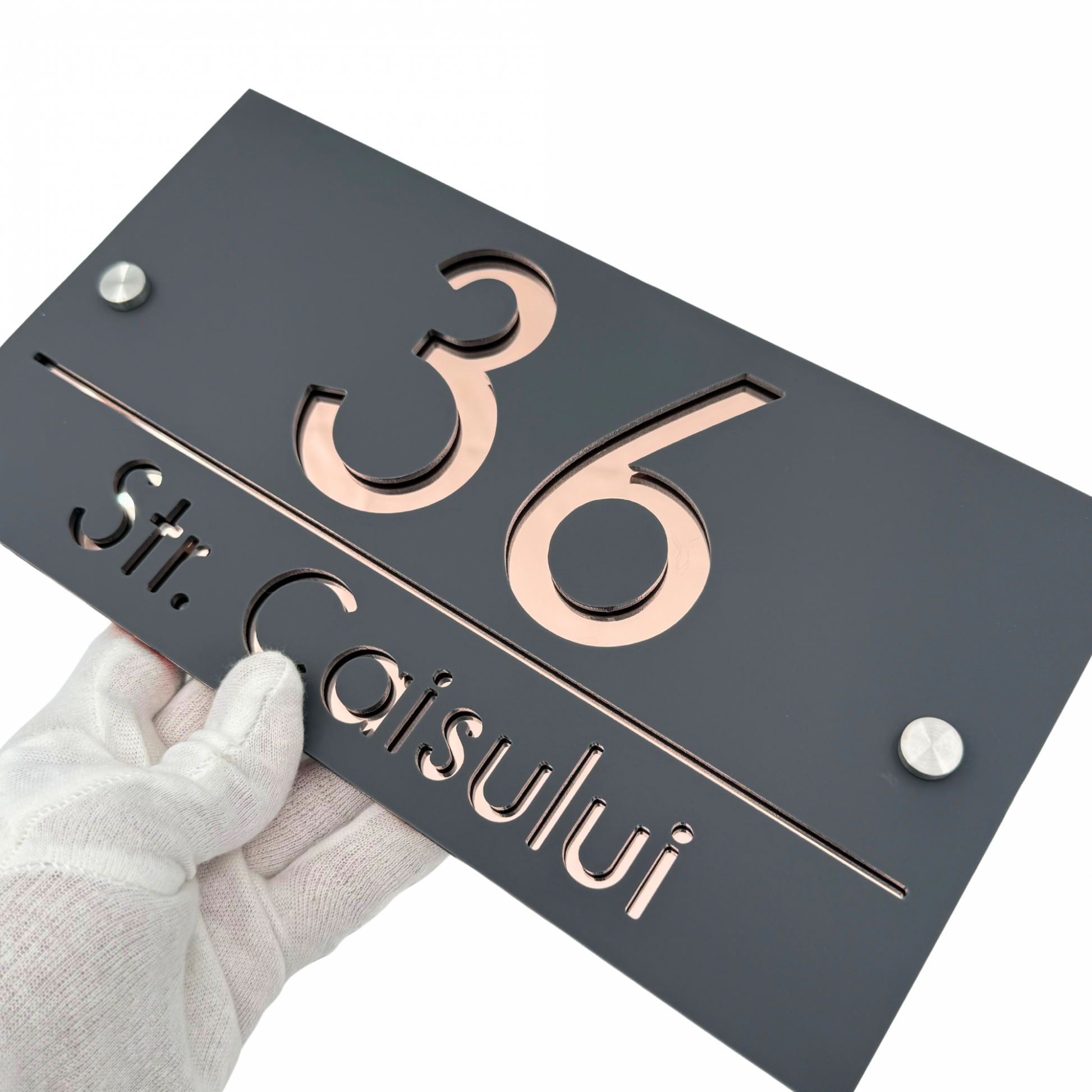 PREMIUM HOUSE NUMBER - Satin Grey Rose Gold Mirror 2 Spacers Silver - 28×15 cm