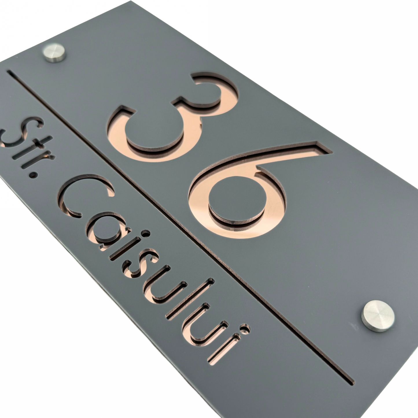 PREMIUM HOUSE NUMBER - Satin Grey Rose Gold Mirror 2 Spacers Silver - 28×15 cm