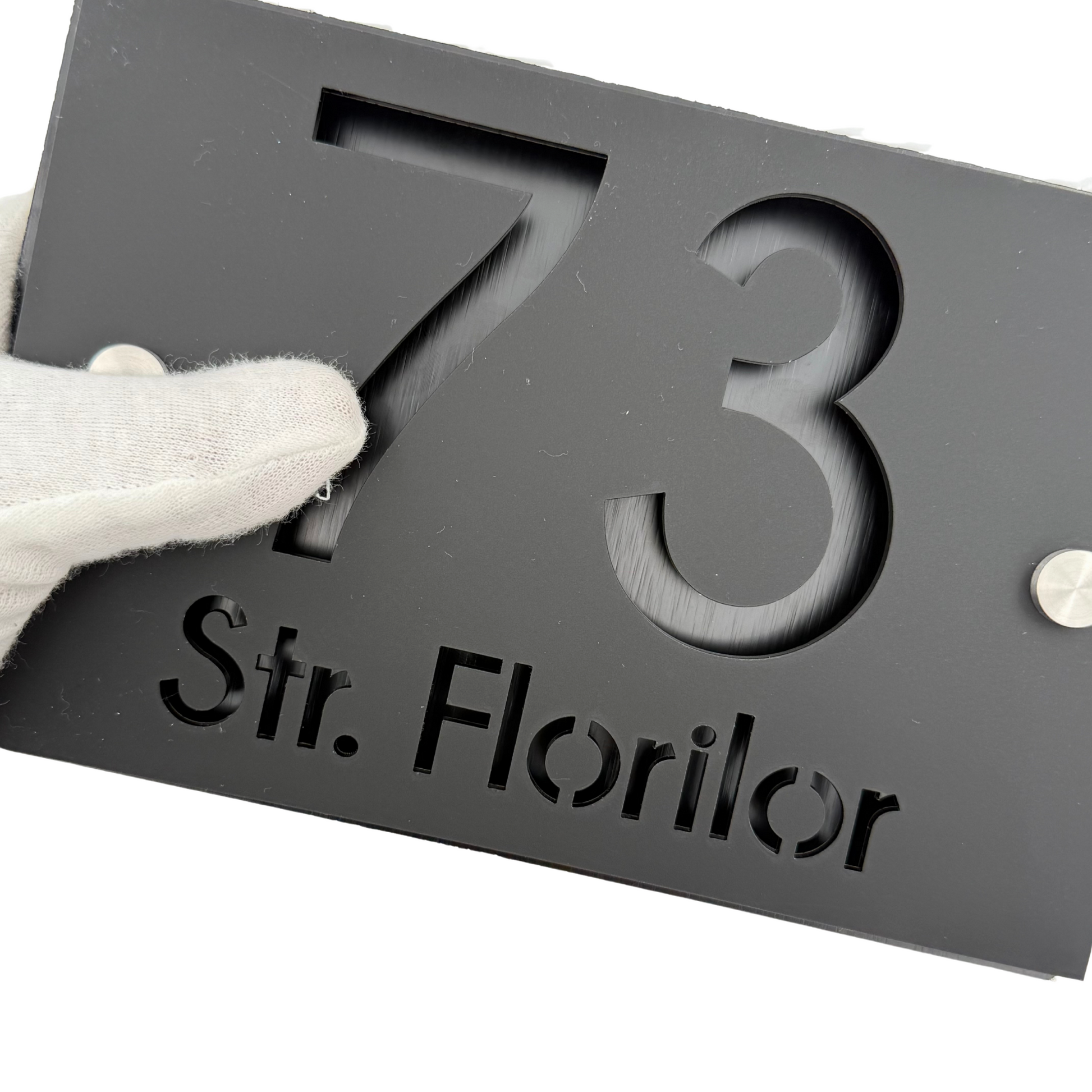 PREMIUM HOUSE NUMBER - Satin Black Aluminium Pearly Black 2 Spacers Silver - 20×13 cm
