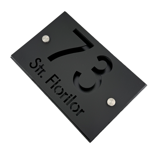 PREMIUM HOUSE NUMBER - Satin Black Aluminium Pearly Black 2 Spacers Silver - 20×13 cm