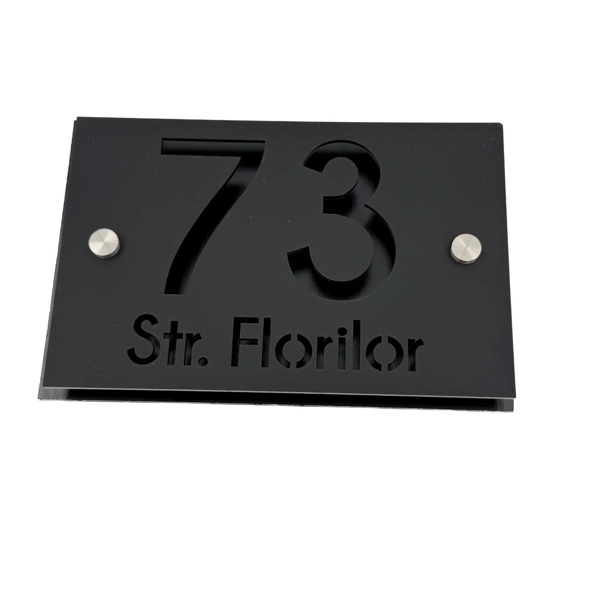 PREMIUM HOUSE NUMBER - Satin Black Aluminium Pearly Black 2 Spacers Silver - 20×13 cm