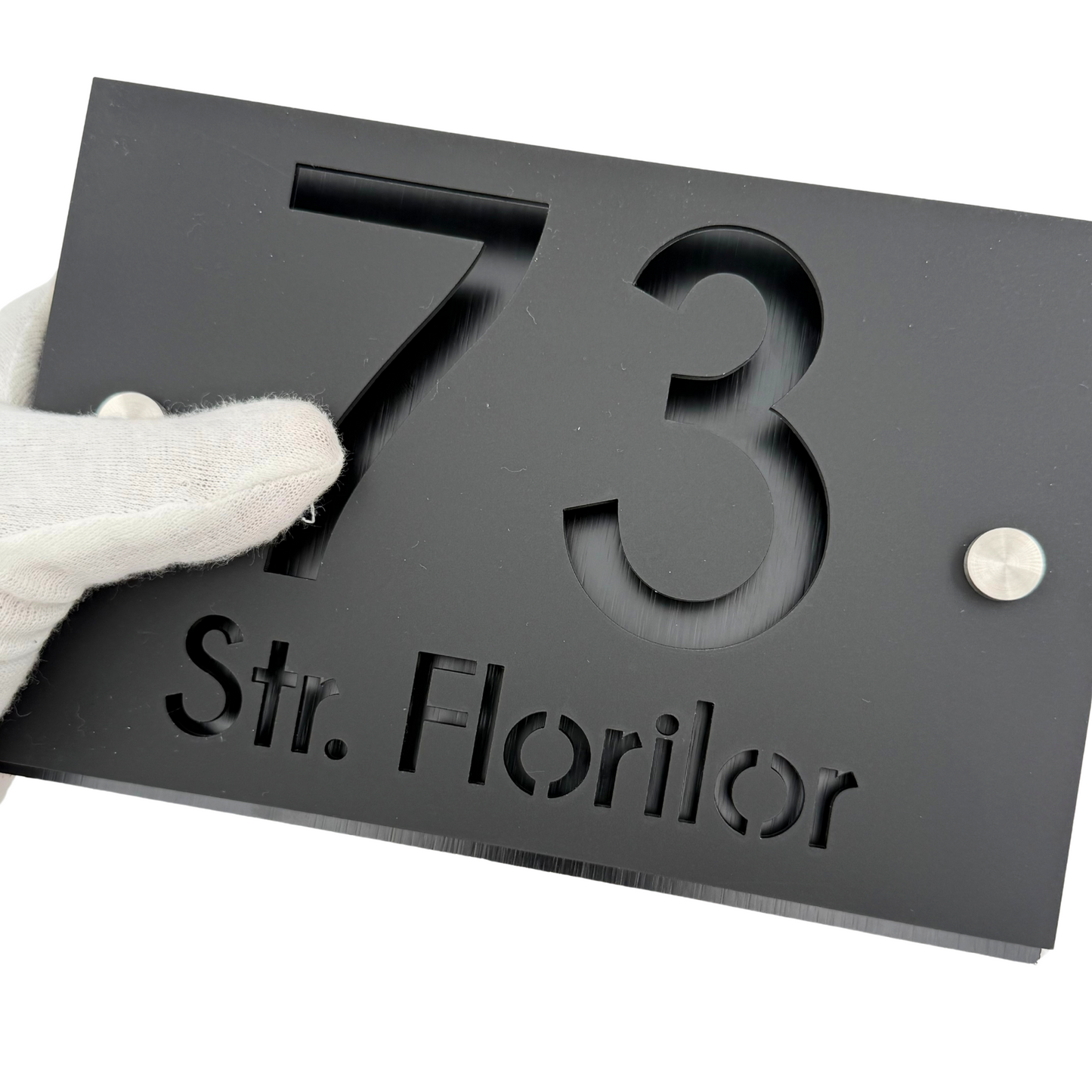 PREMIUM HOUSE NUMBER - Satin Black Aluminium Pearly Black 2 Spacers Silver - 20×13 cm
