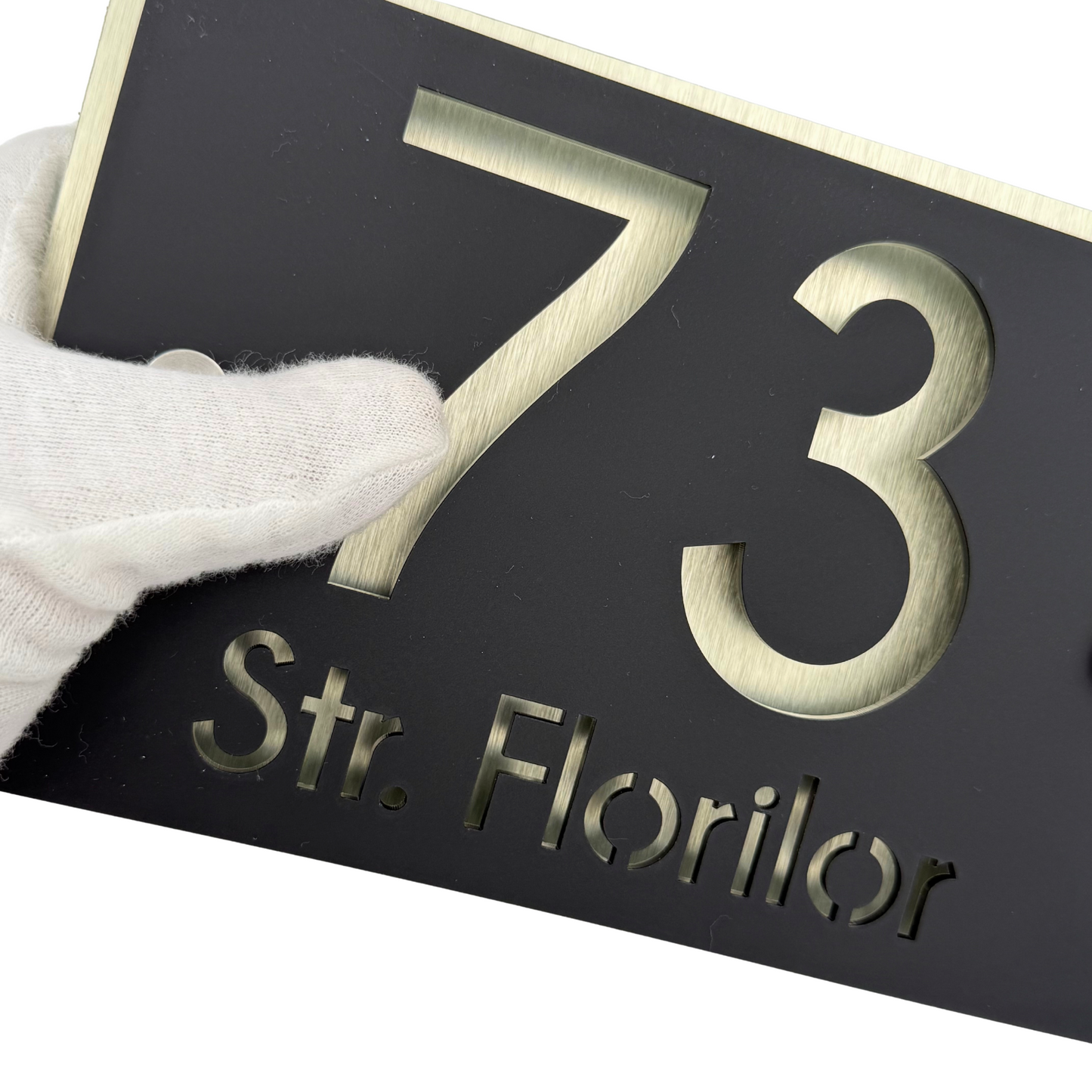 PREMIUM HOUSE NUMBER - Satin Black Aluminium Pearly Gold 2 Spacers Silver - 20×13 cm