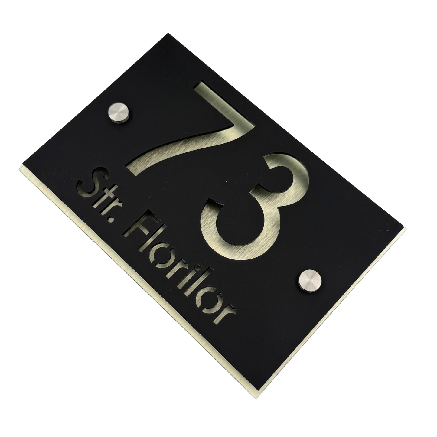 PREMIUM HOUSE NUMBER - Satin Black Aluminium Pearly Gold 2 Spacers Silver - 20×13 cm