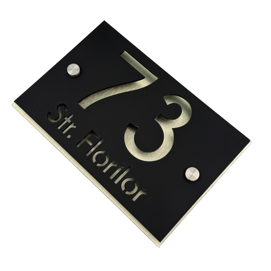PREMIUM HOUSE NUMBER - Satin Black Aluminium Pearly Gold 2 Spacers Silver - 20×13 cm