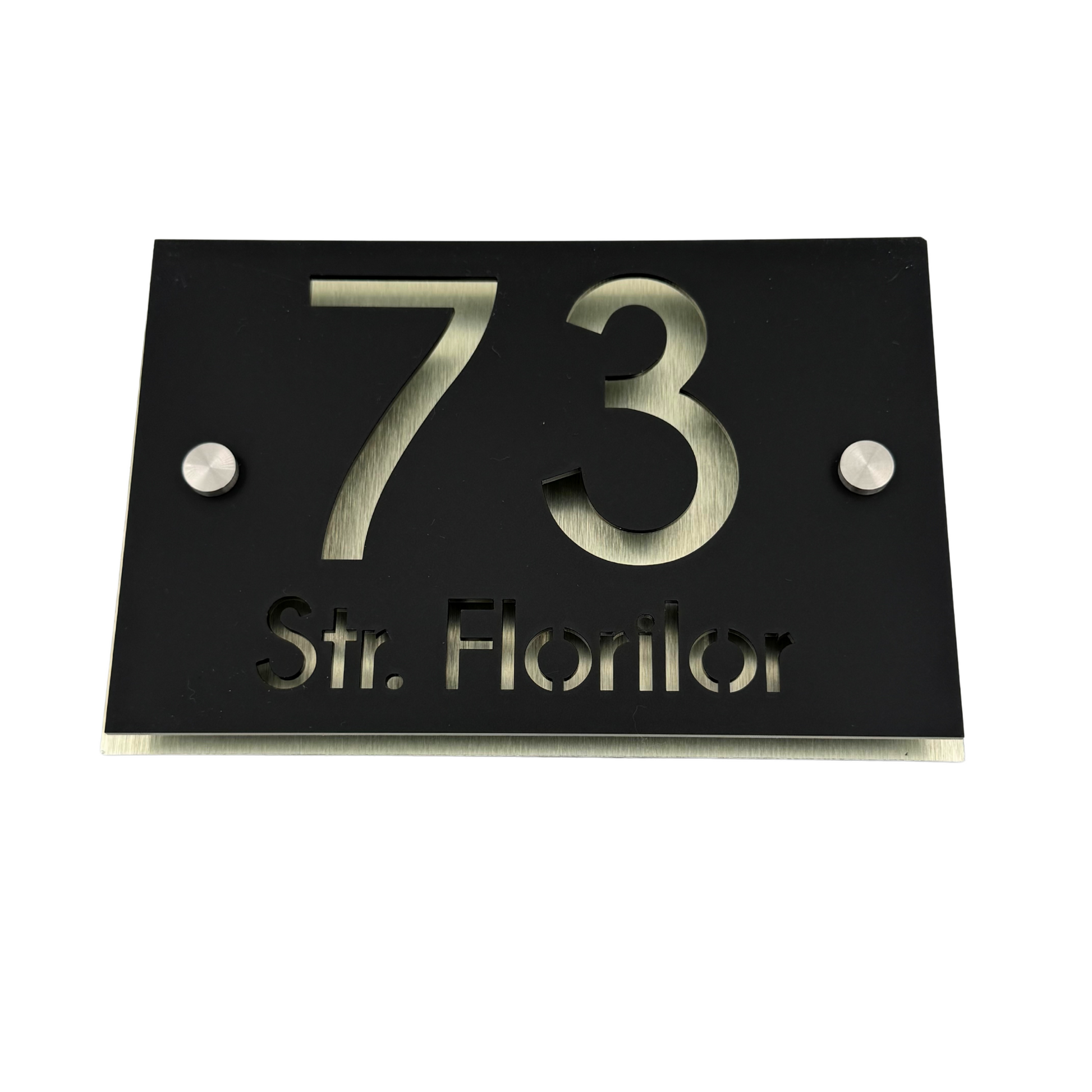 PREMIUM HOUSE NUMBER - Satin Black Aluminium Pearly Gold 2 Spacers Silver - 20×13 cm