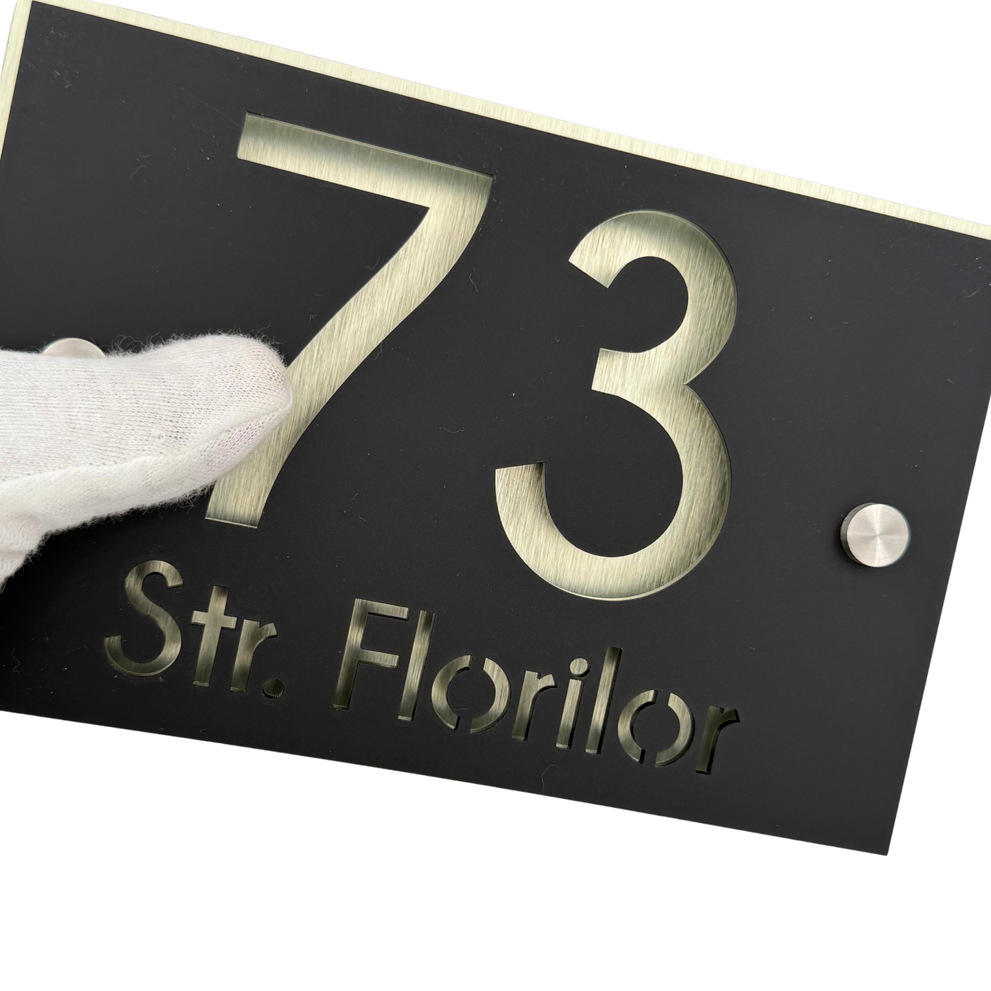 PREMIUM HOUSE NUMBER - Satin Black Aluminium Pearly Gold 2 Spacers Silver - 20×13 cm