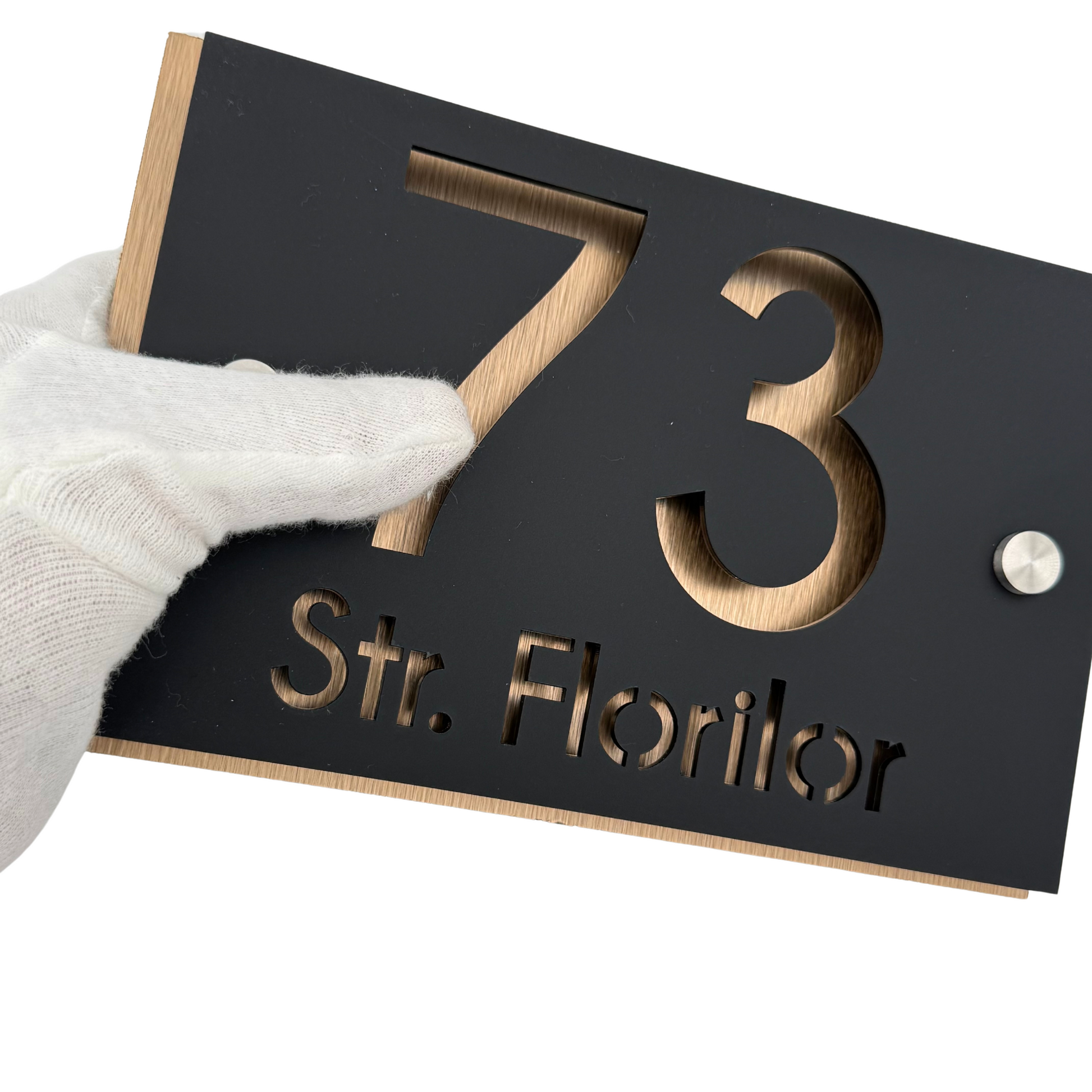 PREMIUM HOUSE NUMBER - Satin Black Aluminium Pearly Copper 2 Spacers Silver - 20×13 cm