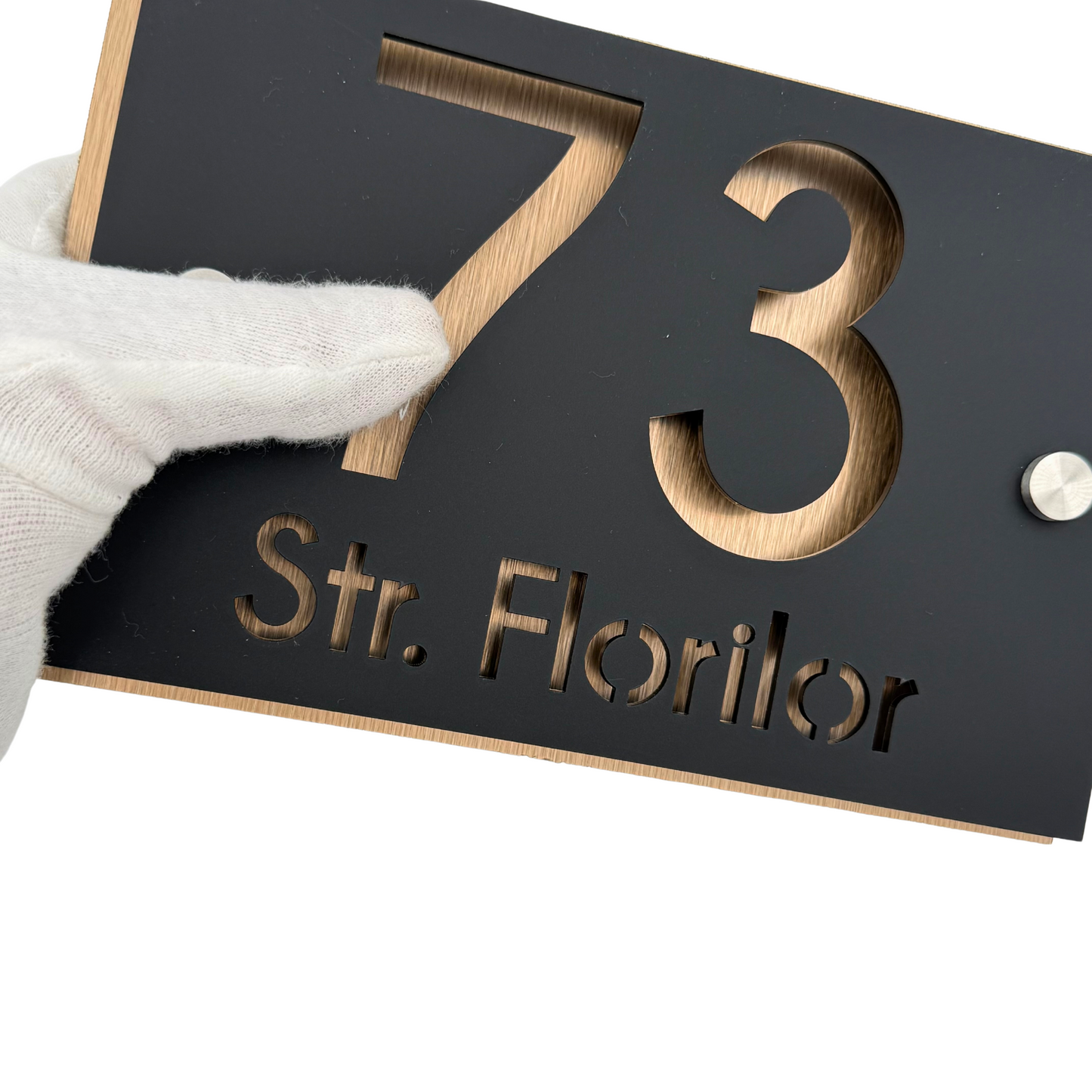 PREMIUM HOUSE NUMBER - Satin Black Aluminium Pearly Copper 2 Spacers Silver - 20×13 cm