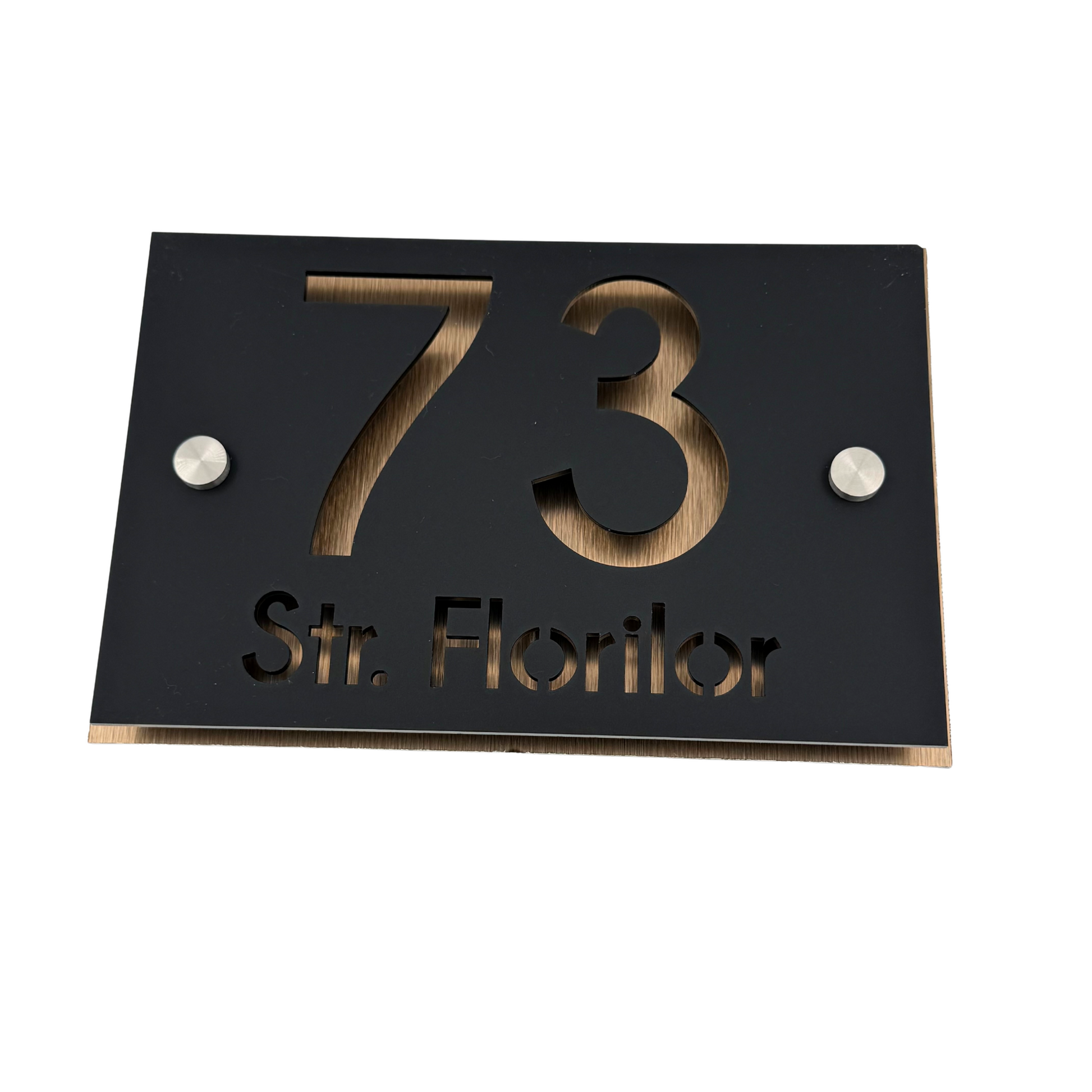 PREMIUM HOUSE NUMBER - Satin Black Aluminium Pearly Copper 2 Spacers Silver - 20×13 cm