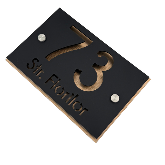 PREMIUM HOUSE NUMBER - Satin Black Aluminium Pearly Copper 2 Spacers Silver - 20×13 cm