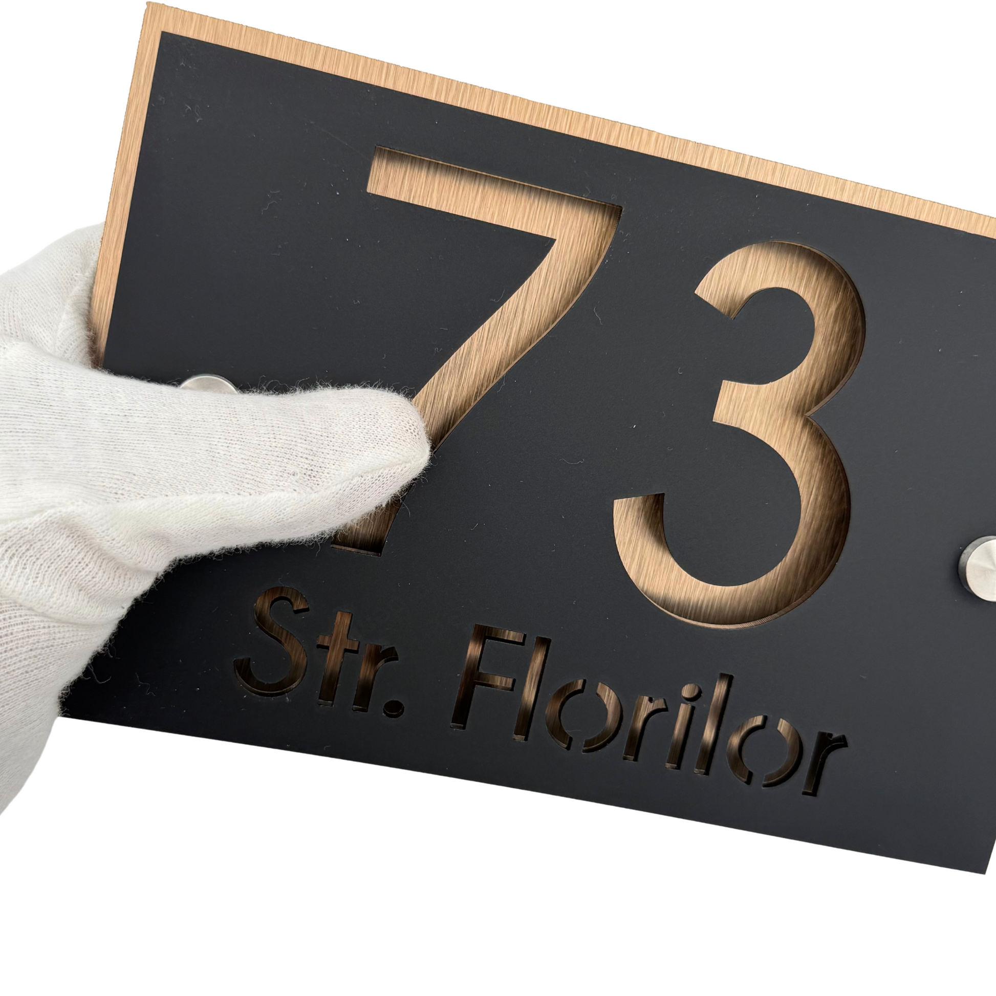 PREMIUM HOUSE NUMBER - Satin Black Aluminium Pearly Copper 2 Spacers Silver - 20×13 cm