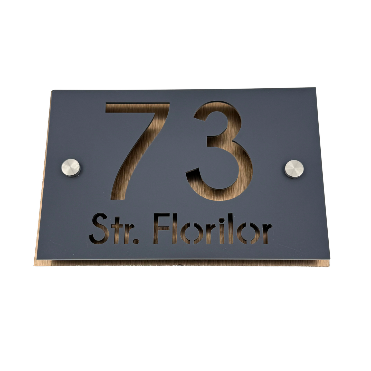 PREMIUM HOUSE NUMBER - Satin Grey Aluminium Pearly Bronze 2 Spacers Silver - 20×13 cm