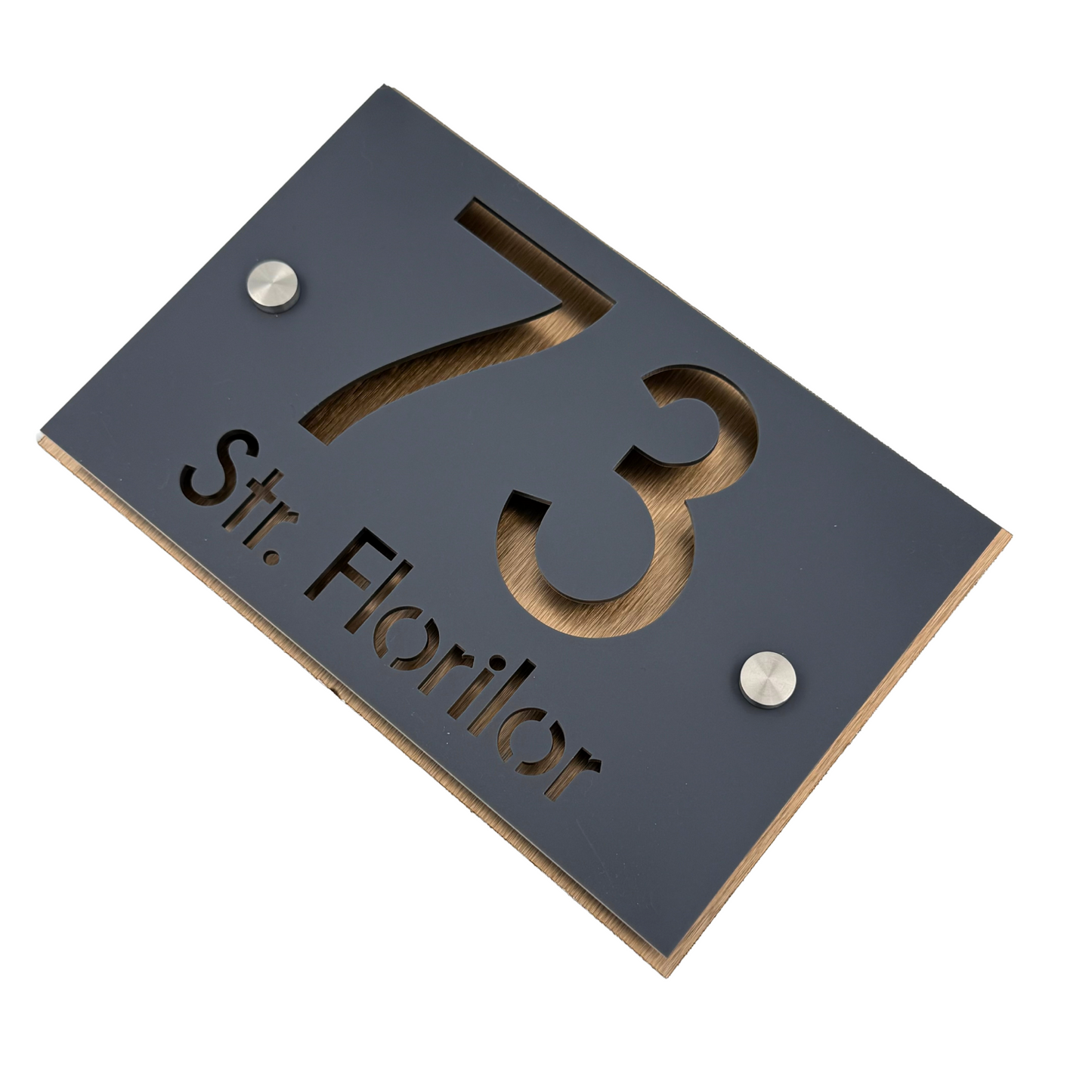 PREMIUM HOUSE NUMBER - Satin Grey Aluminium Pearly Bronze 2 Spacers Silver - 20×13 cm