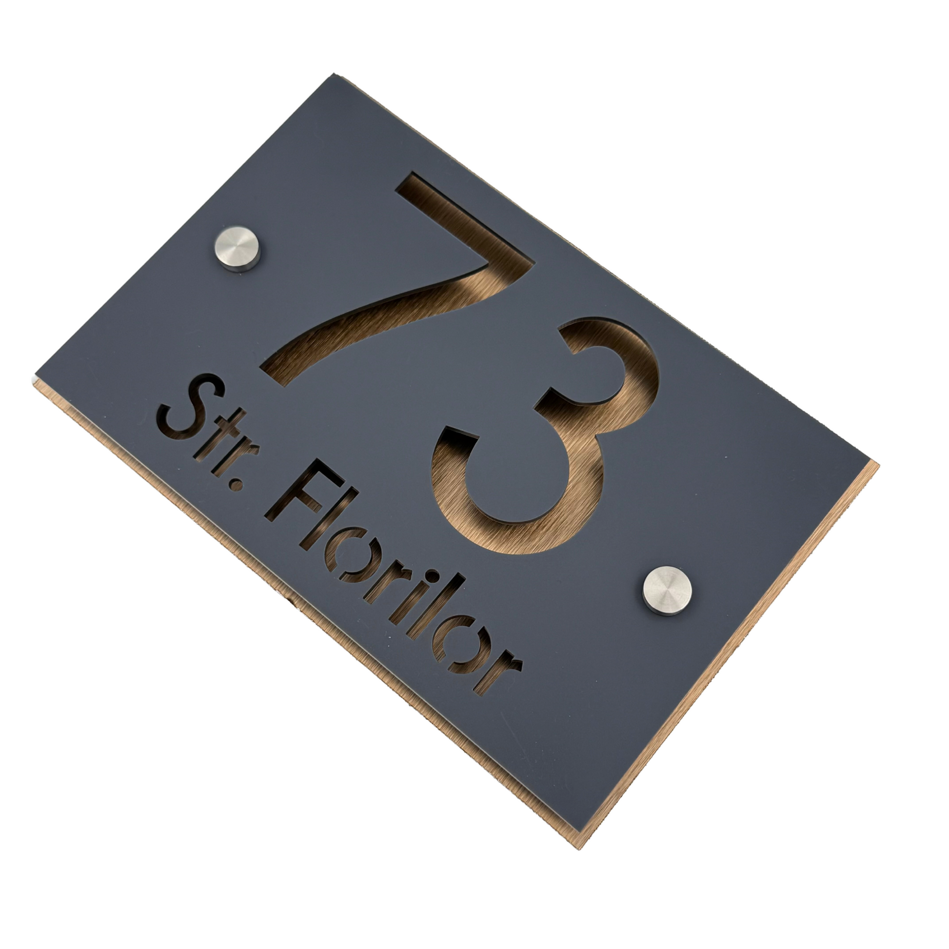 PREMIUM HOUSE NUMBER - Satin Grey Aluminium Pearly Bronze 2 Spacers Silver - 20×13 cm