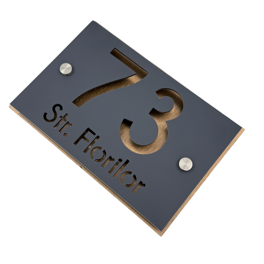 PREMIUM HOUSE NUMBER - Satin Grey Aluminium Pearly Bronze 2 Spacers Silver - 20×13 cm