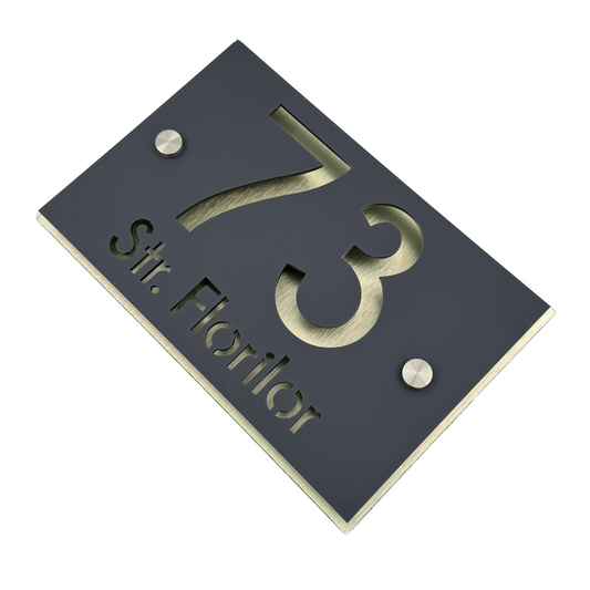 PREMIUM HOUSE NUMBER - Satin Grey Aluminium Pearly Gold 2 Spacers Silver - 20×13 cm