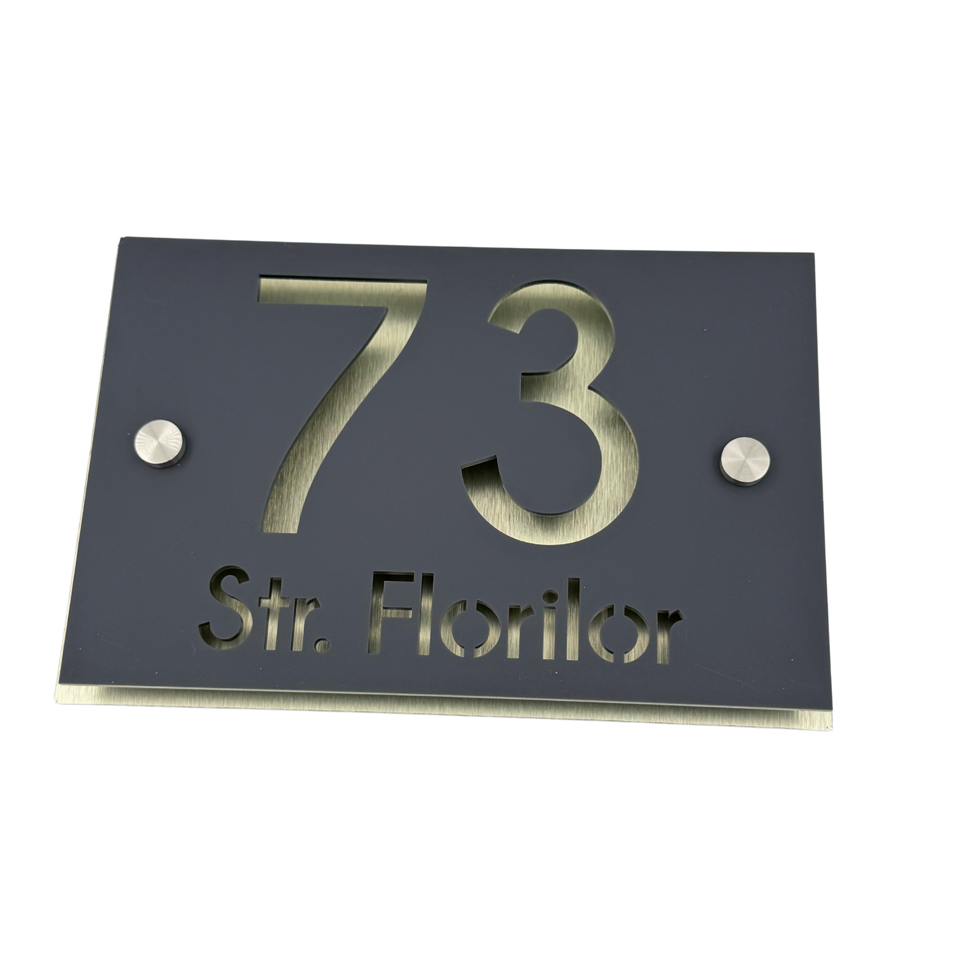 PREMIUM HOUSE NUMBER - Satin Grey Aluminium Pearly Gold 2 Spacers Silver - 20×13 cm