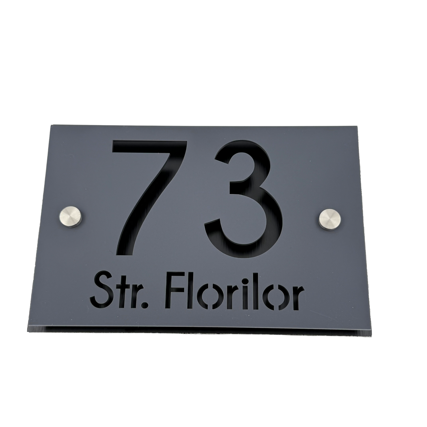 PREMIUM HOUSE NUMBER - Satin Grey Aluminium Pearly Black 2 Spacers Silver - 20×13 cm