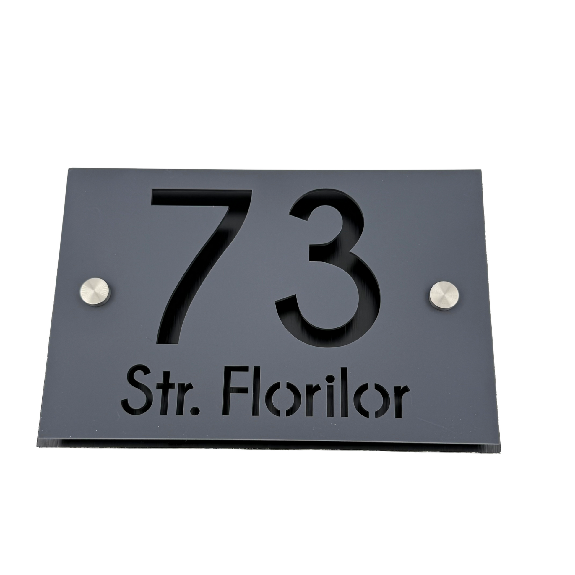 PREMIUM HOUSE NUMBER - Satin Grey Aluminium Pearly Black 2 Spacers Silver - 20×13 cm