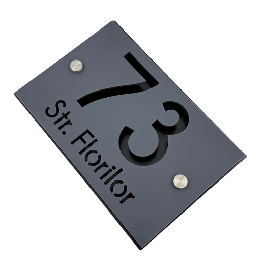 PREMIUM HOUSE NUMBER - Satin Grey Aluminium Pearly Black 2 Spacers Silver - 20×13 cm