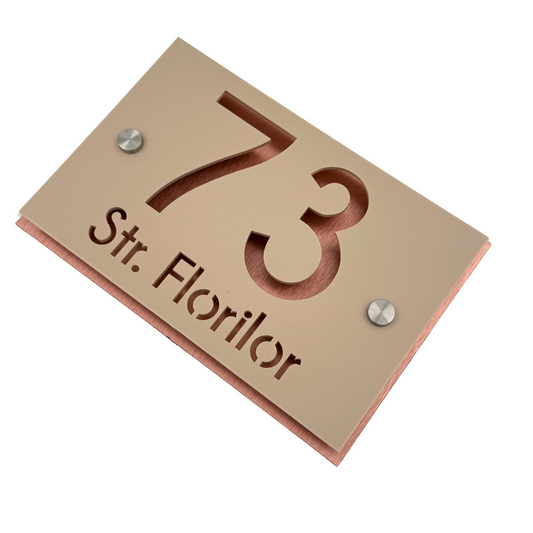 PREMIUM HOUSE NUMBER - Cream colour Satin Aluminium Pearly Copper 2 Spacers Silver - 20×13 cm