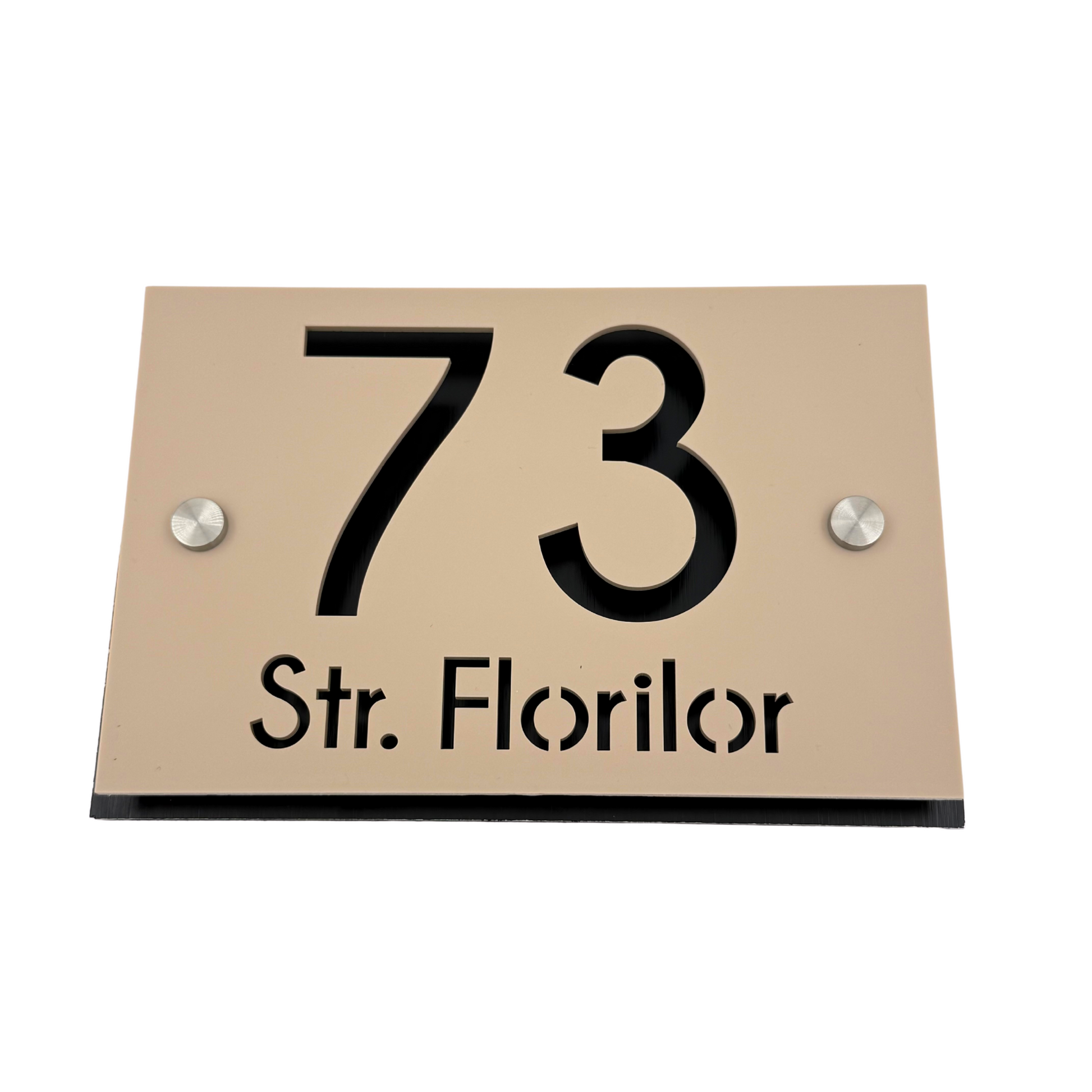 PREMIUM HOUSE NUMBER - Cream colour Satin Aluminium Pearly Black 2 Spacers Silver - 20×13 cm
