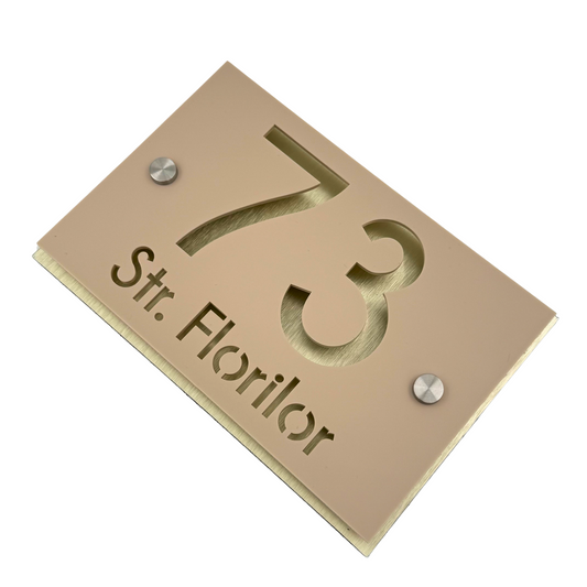 PREMIUM HOUSE NUMBER - Cream colour Satin Aluminium Pearly Gold 2 Spacers Silver - 20×13 cm
