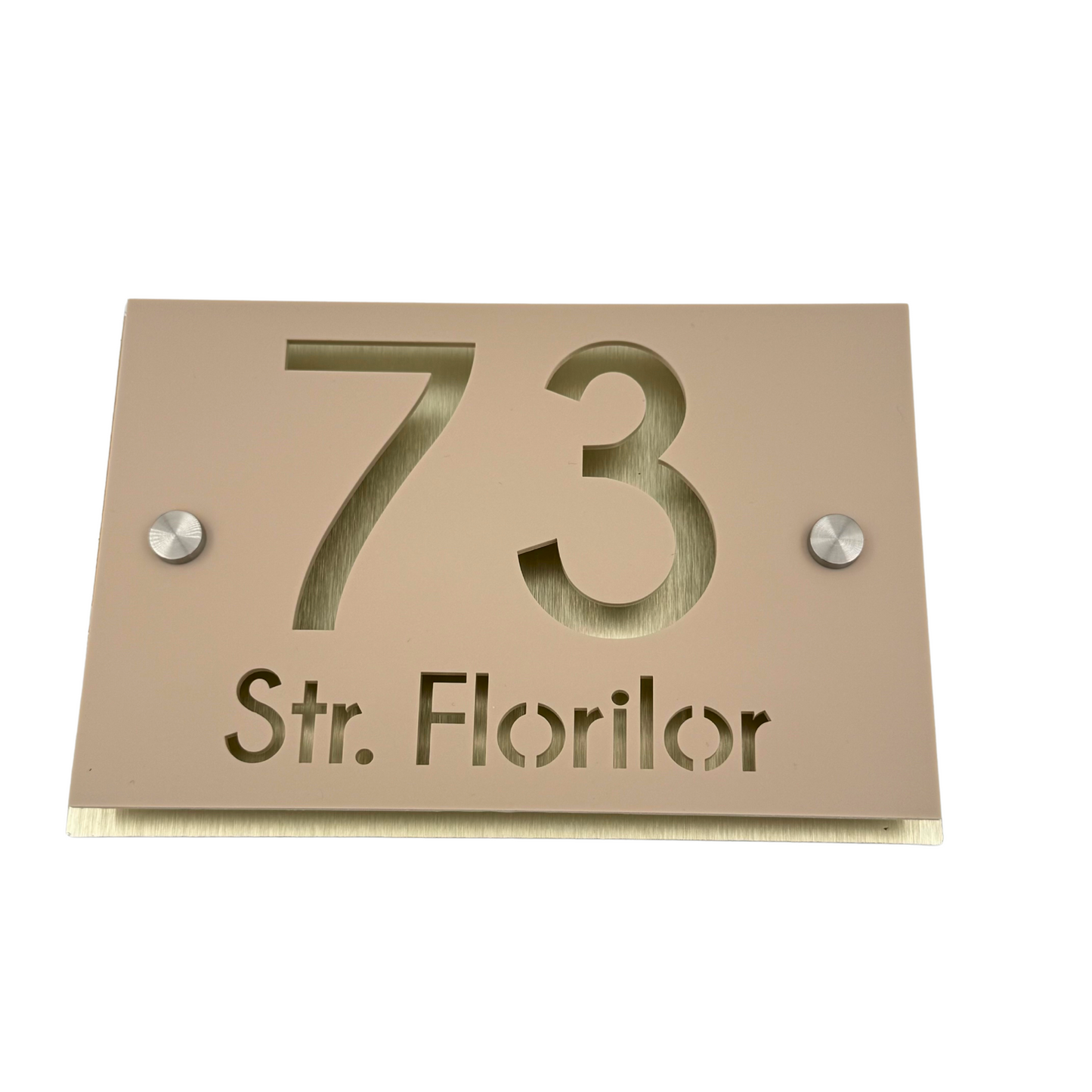 PREMIUM HOUSE NUMBER - Cream colour Satin Aluminium Pearly Gold 2 Spacers Silver - 20×13 cm