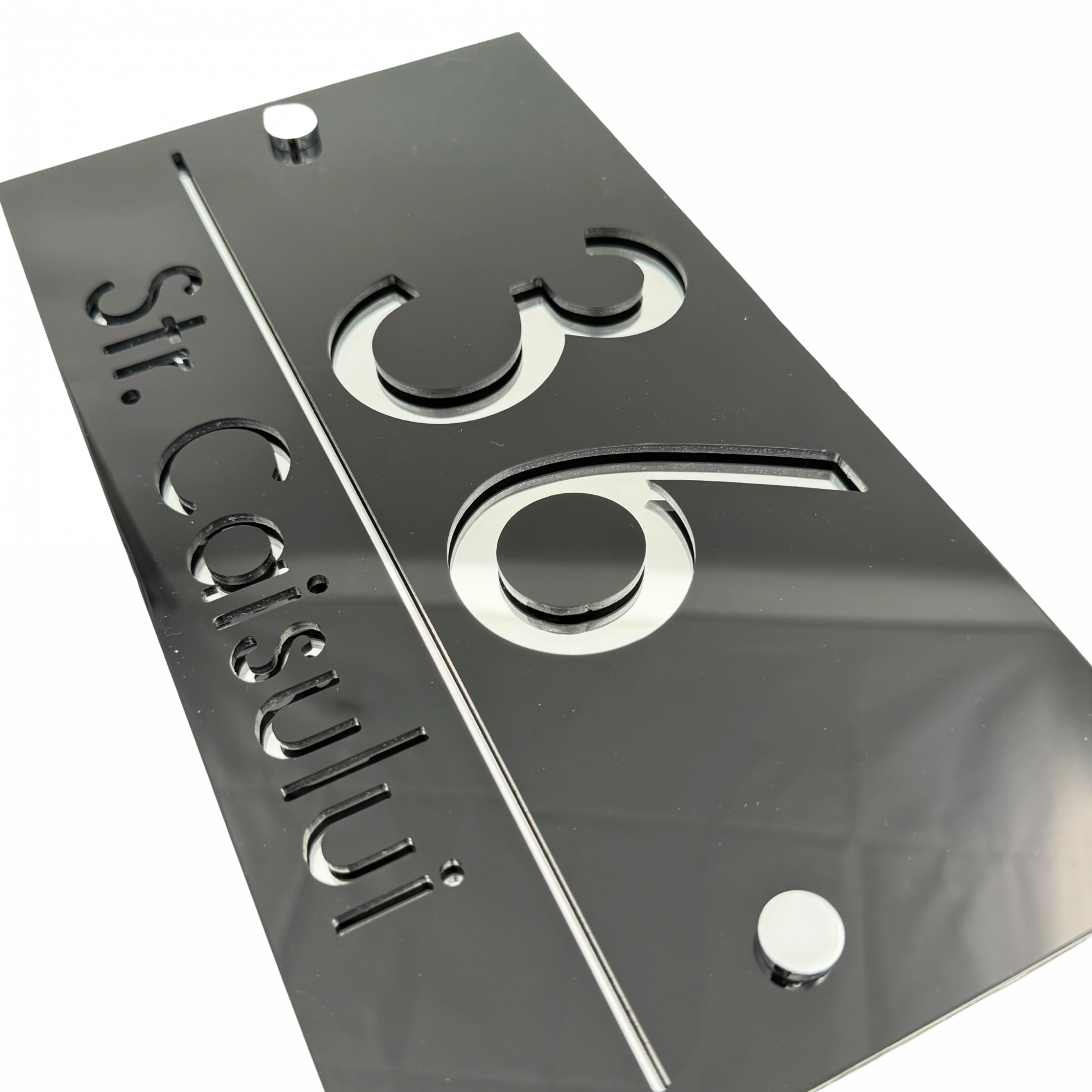 PREMIUM HOUSE NUMBER - Glossy Black Silver Mirror 2 Spacers Silver - 28×15 cm