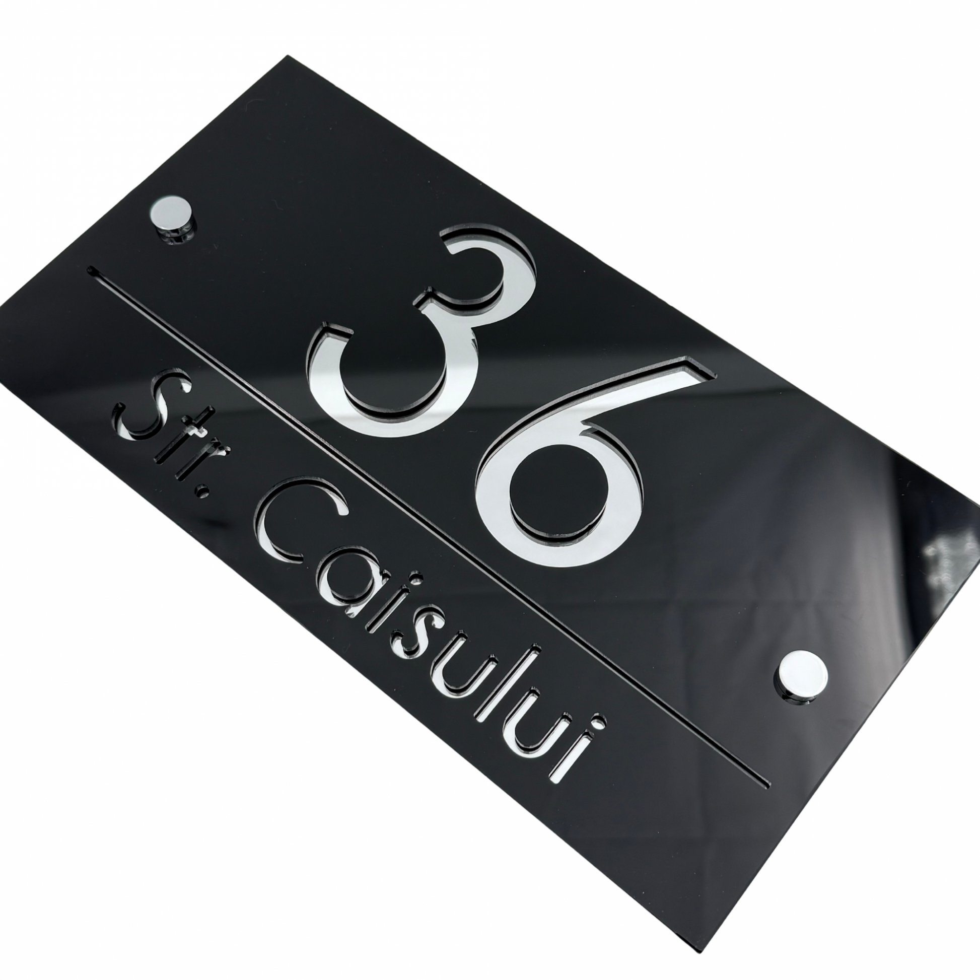PREMIUM HOUSE NUMBER - Glossy Black Silver Mirror 2 Spacers Silver - 28×15 cm