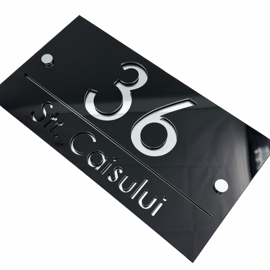 PREMIUM HOUSE NUMBER - Glossy Black Silver Mirror 2 Spacers Silver - 28×15 cm