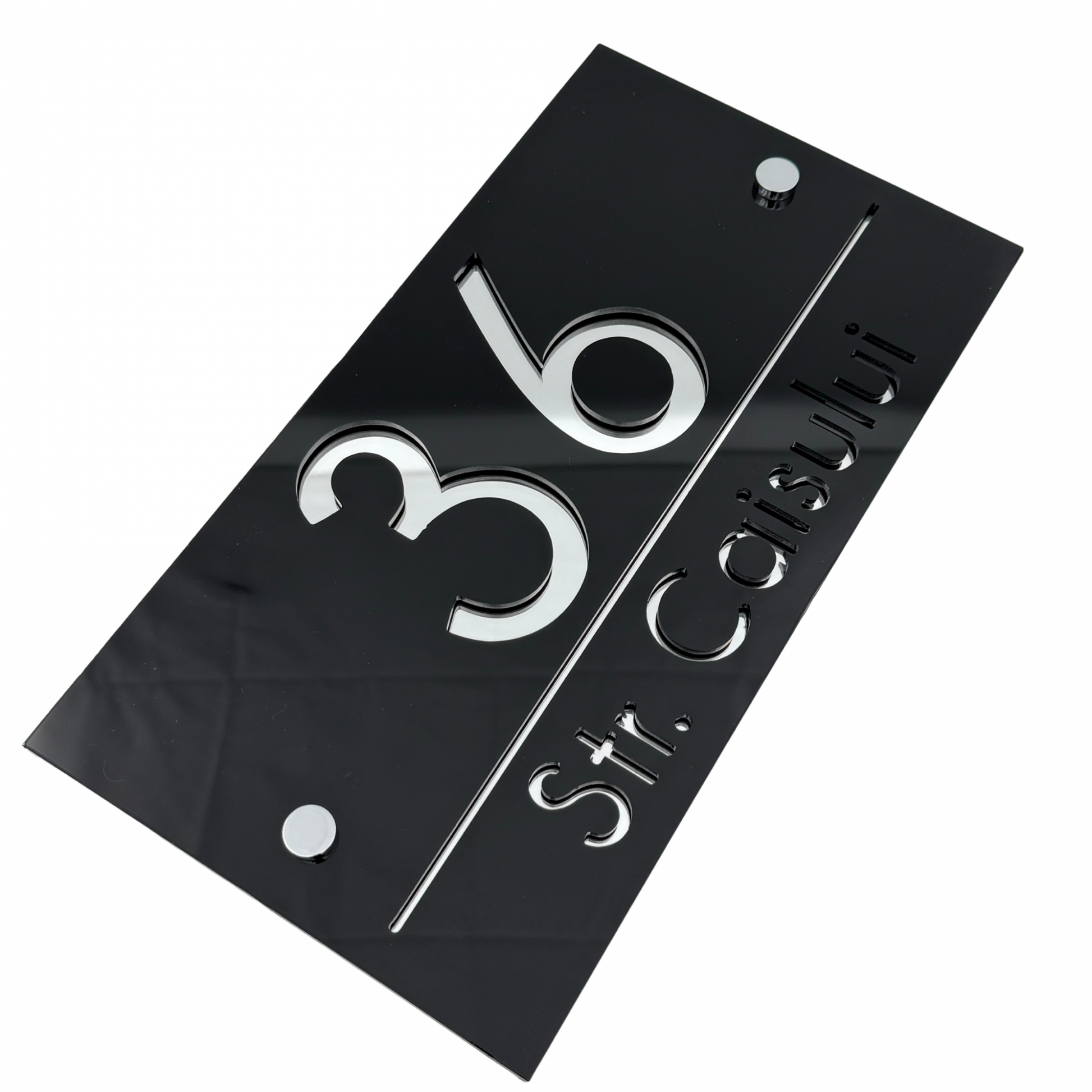 PREMIUM HOUSE NUMBER - Glossy Black Silver Mirror 2 Spacers Silver - 28×15 cm