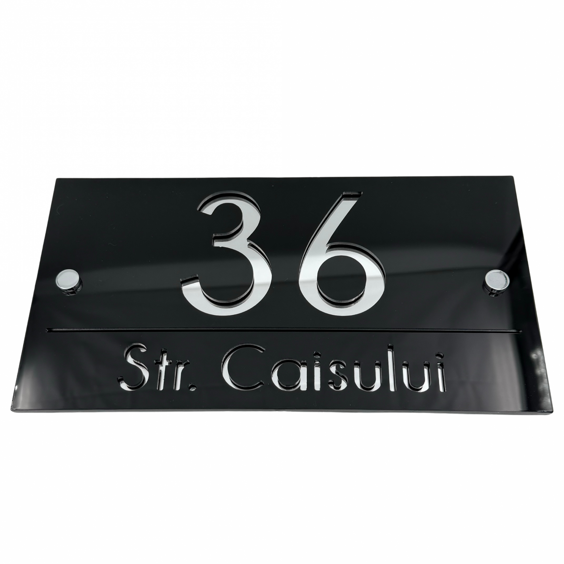 PREMIUM HOUSE NUMBER - Glossy Black Silver Mirror 2 Spacers Silver - 28×15 cm