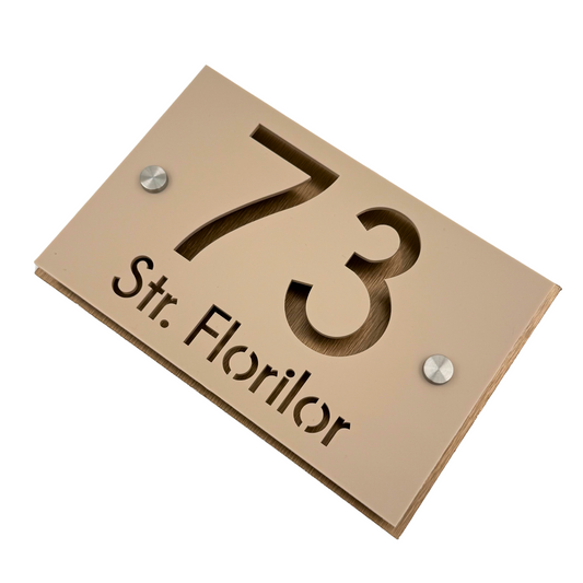 PREMIUM HOUSE NUMBER - Cream colour Satin Aluminium Pearly Bronze 2 Spacers Silver - 20×13 cm