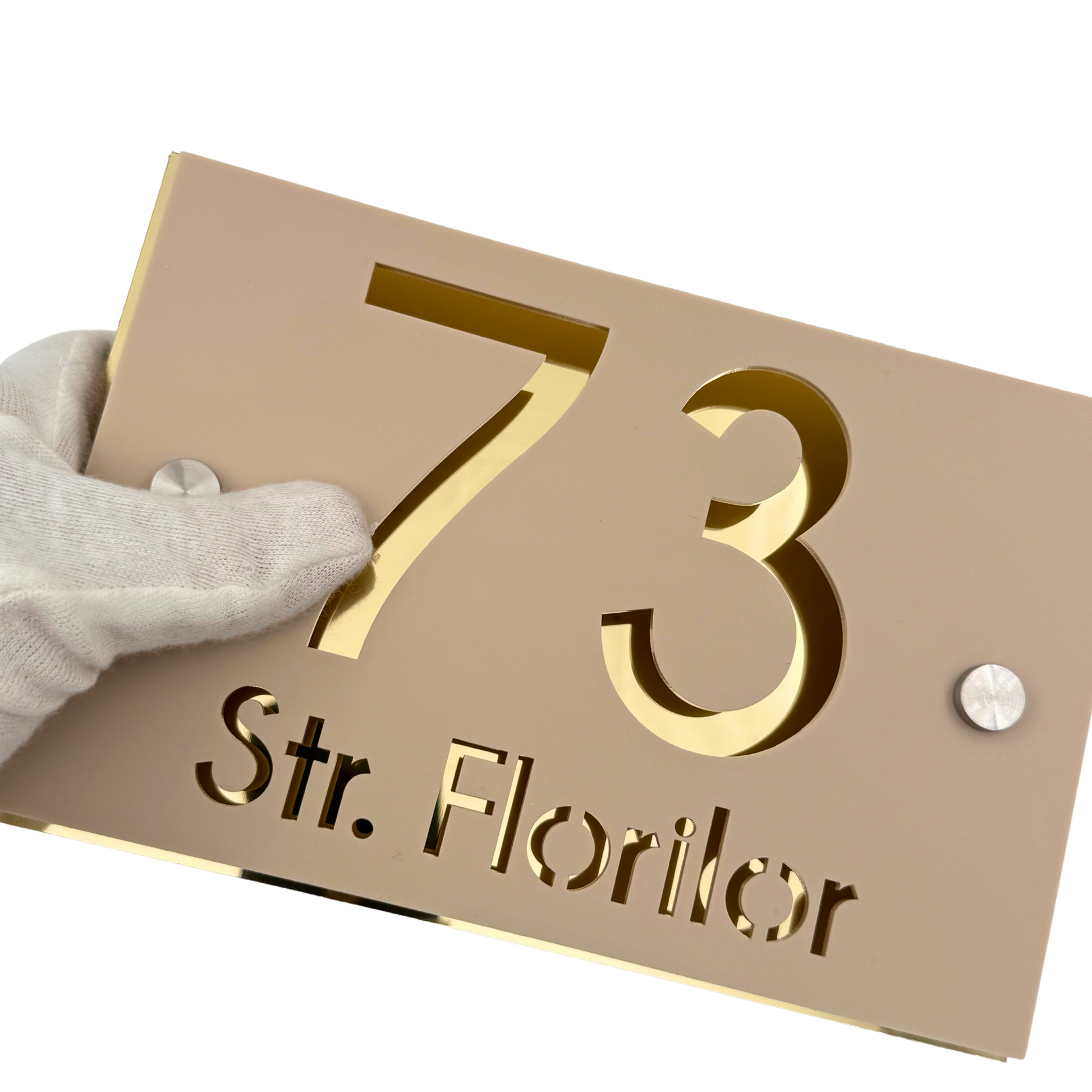 PREMIUM HOUSE NUMBER - Cream colour Satin Aluminium Gold 2 Spacers Silver - 20×13 cm