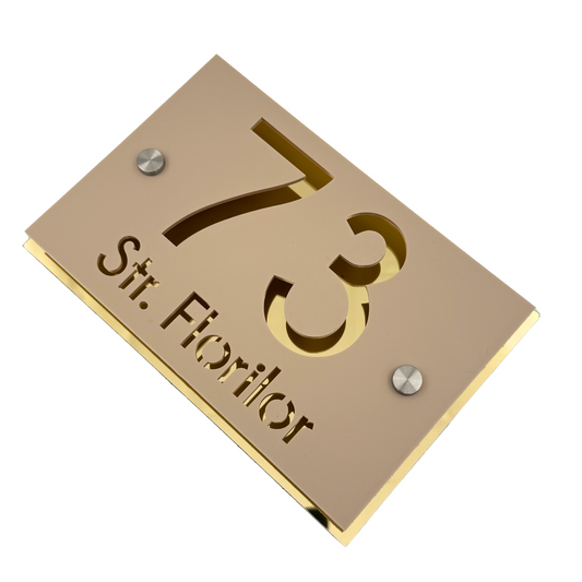 PREMIUM HOUSE NUMBER - Cream colour Satin Aluminium Gold 2 Spacers Silver - 20×13 cm
