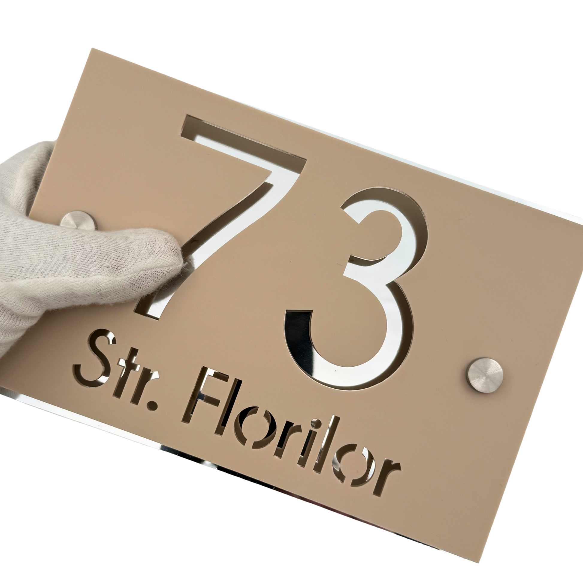 PREMIUM HOUSE NUMBER - Cream colour Satin Aluminium Silver 2 Spacers Silver - 20×13 cm