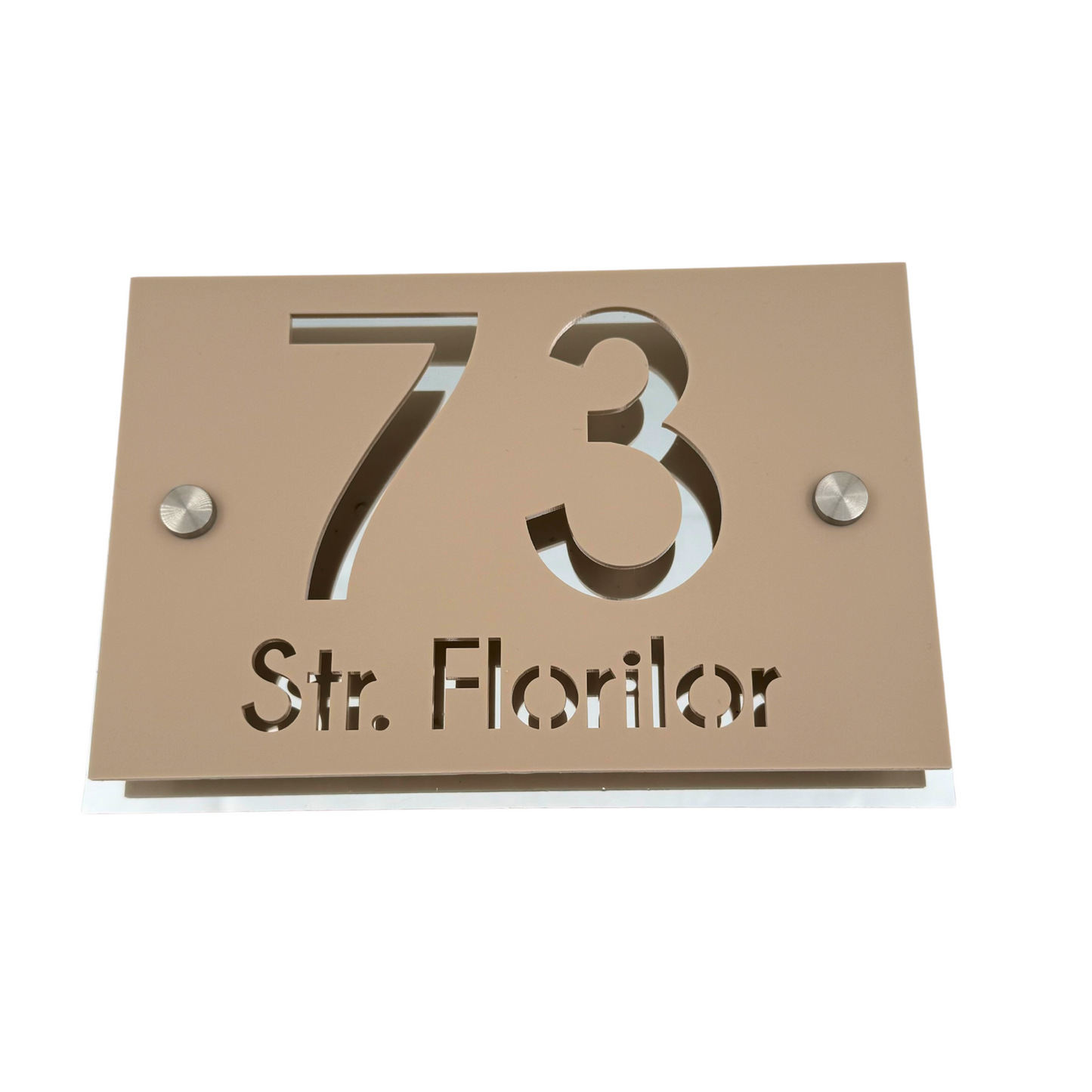 PREMIUM HOUSE NUMBER - Cream colour Satin Aluminium Silver 2 Spacers Silver - 20×13 cm