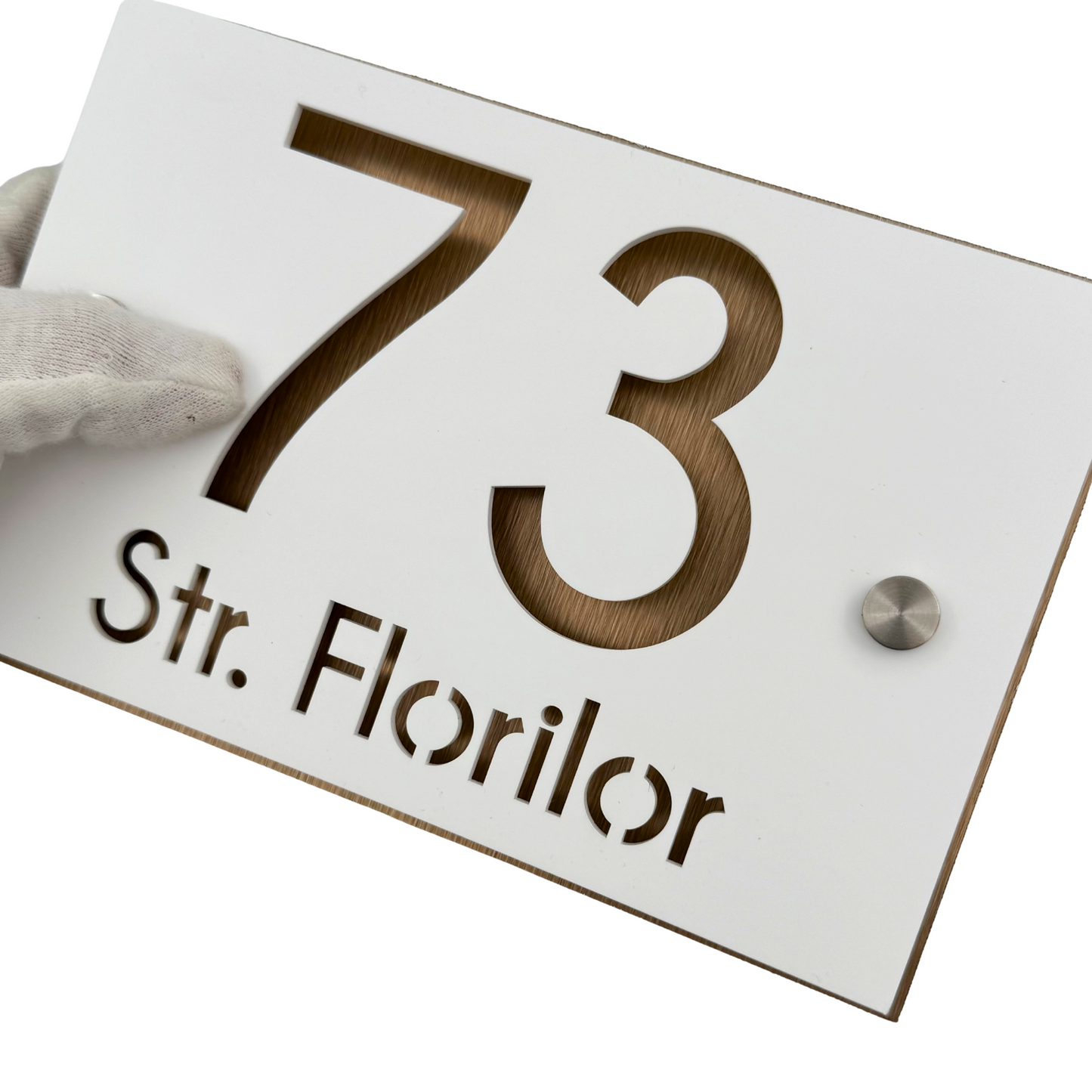 PREMIUM HOUSE NUMBER - White Satin Aluminium Pearly Bronze 2 Spacers Silver - 20×13 cm