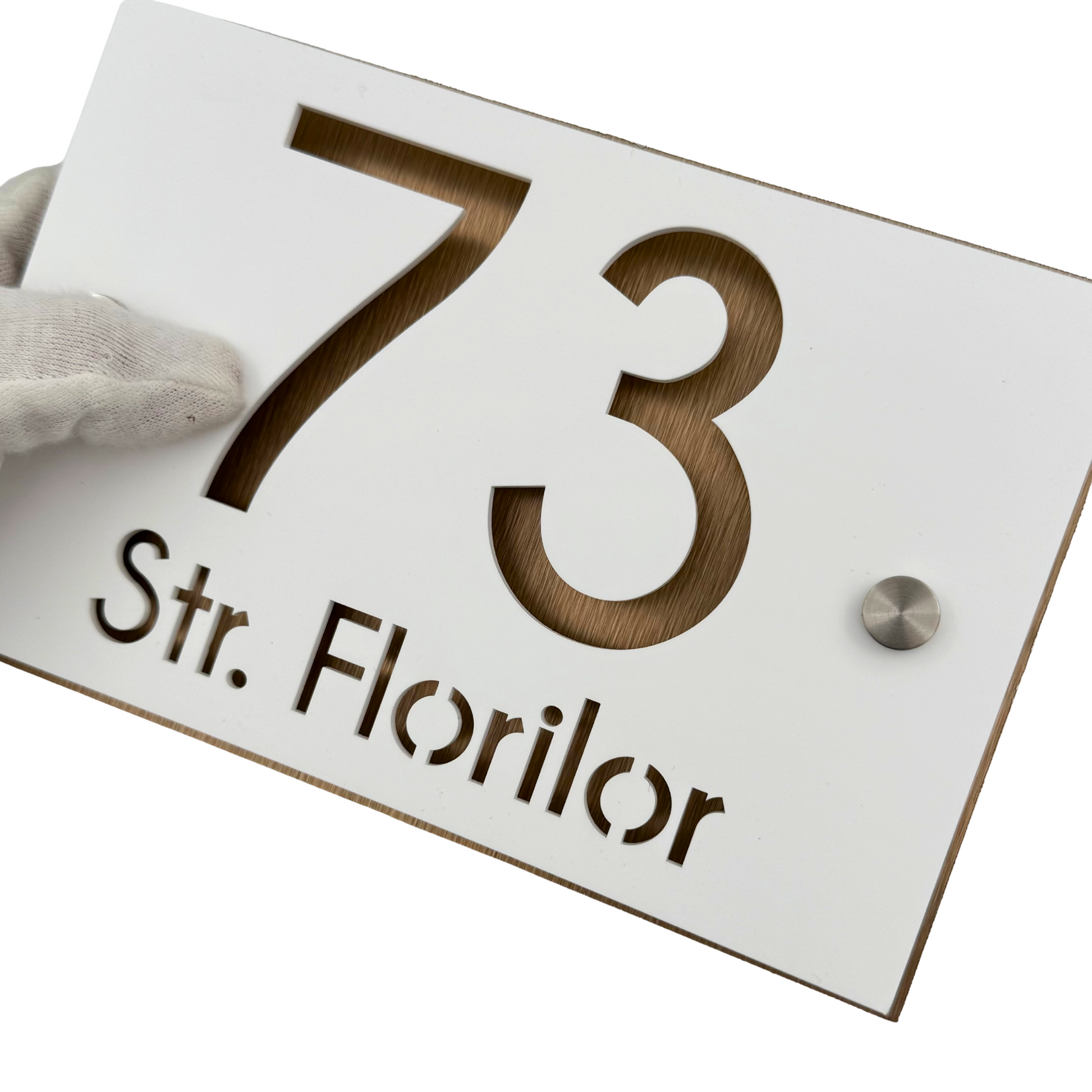 PREMIUM HOUSE NUMBER - White Satin Aluminium Pearly Bronze 2 Spacers Silver - 20×13 cm