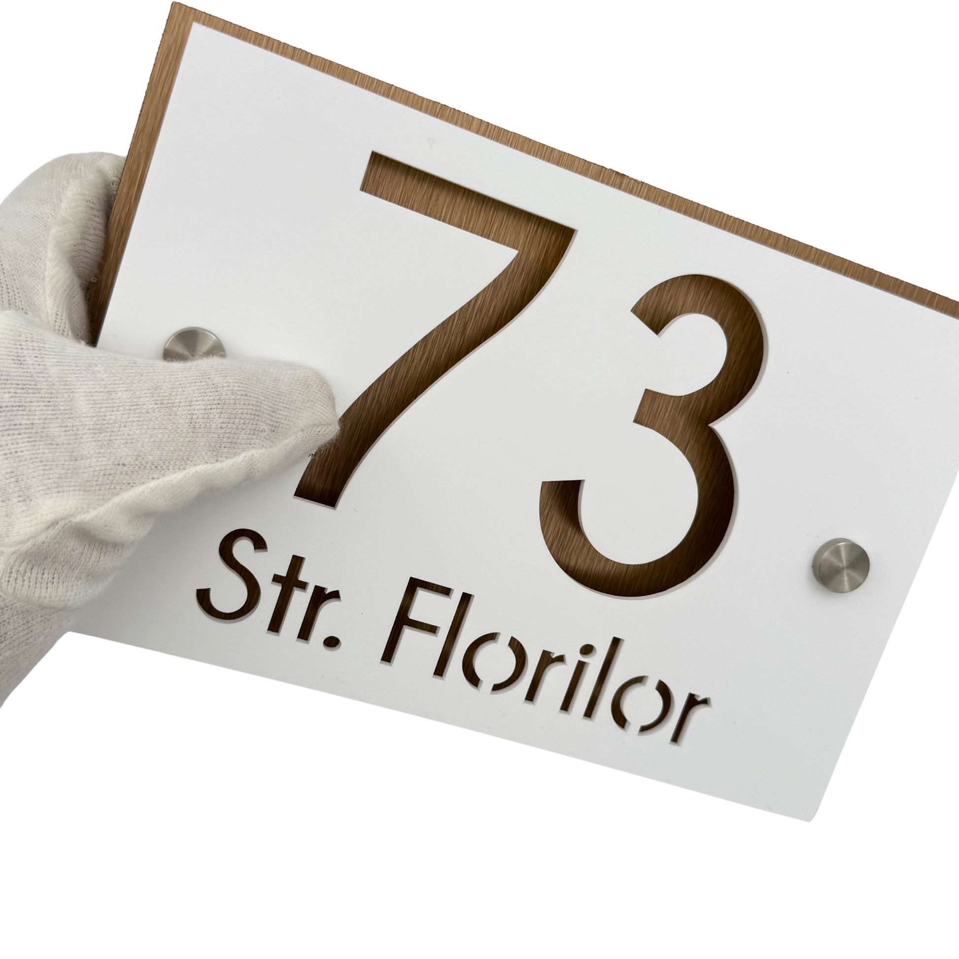 PREMIUM HOUSE NUMBER - White Satin Aluminium Pearly Bronze 2 Spacers Silver - 20×13 cm