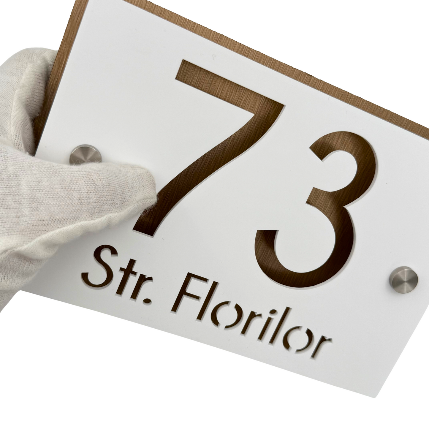 PREMIUM HOUSE NUMBER - White Satin Aluminium Pearly Bronze 2 Spacers Silver - 20×13 cm