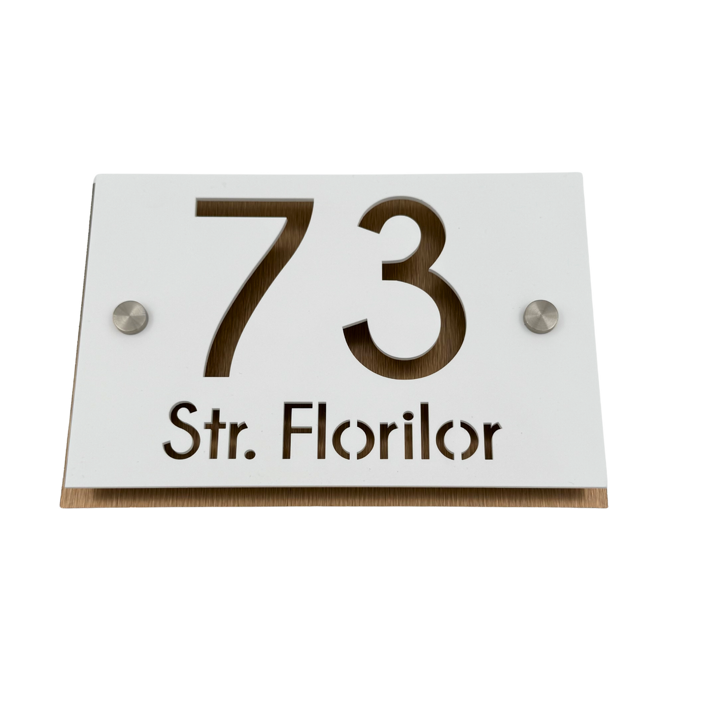 PREMIUM HOUSE NUMBER - White Satin Aluminium Pearly Bronze 2 Spacers Silver - 20×13 cm