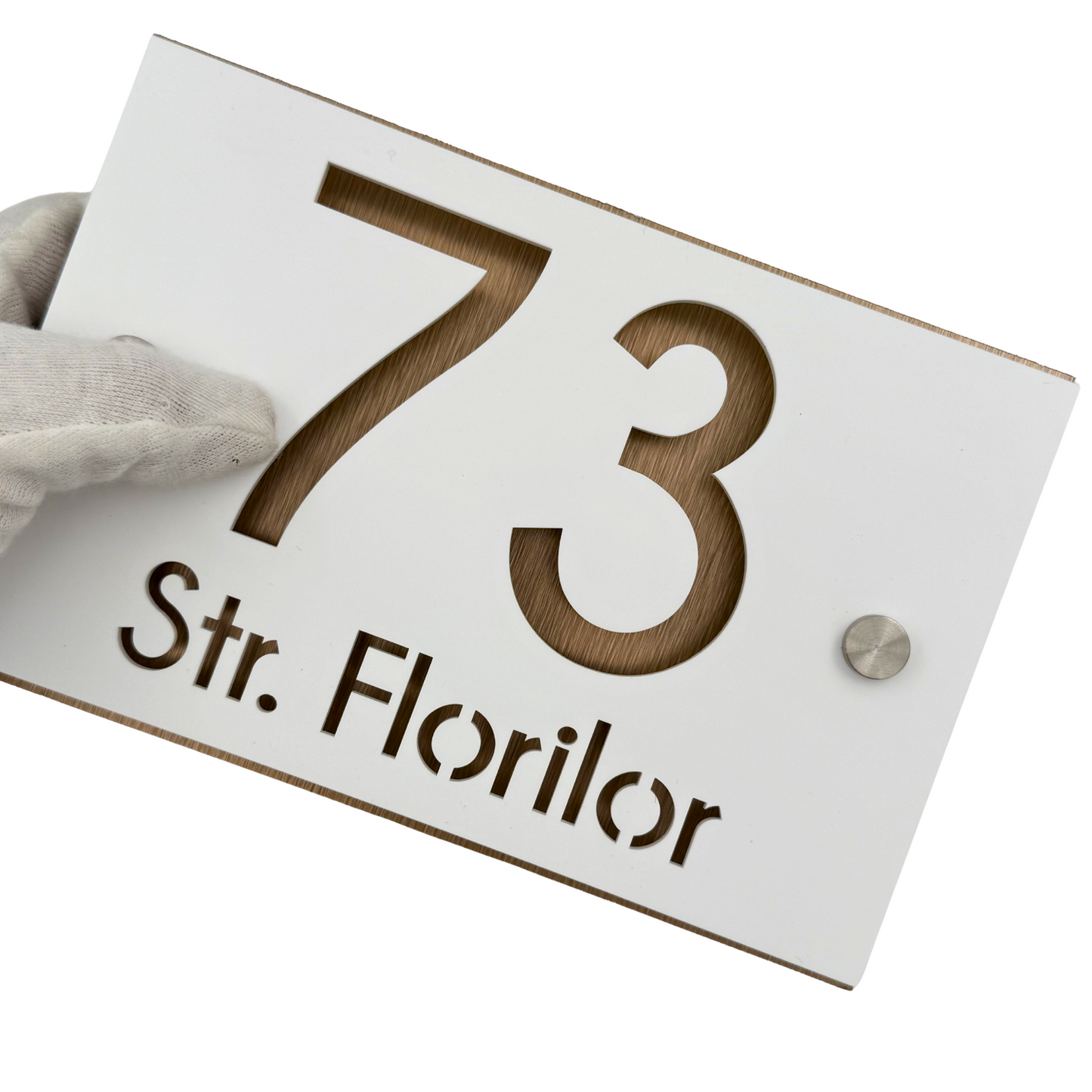 PREMIUM HOUSE NUMBER - White Satin Aluminium Pearly Bronze 2 Spacers Silver - 20×13 cm