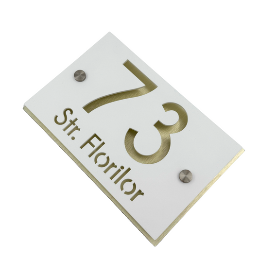 PREMIUM HOUSE NUMBER - White Satin Aluminium Pearly Gold 2 Spacers Silver - 20×13 cm