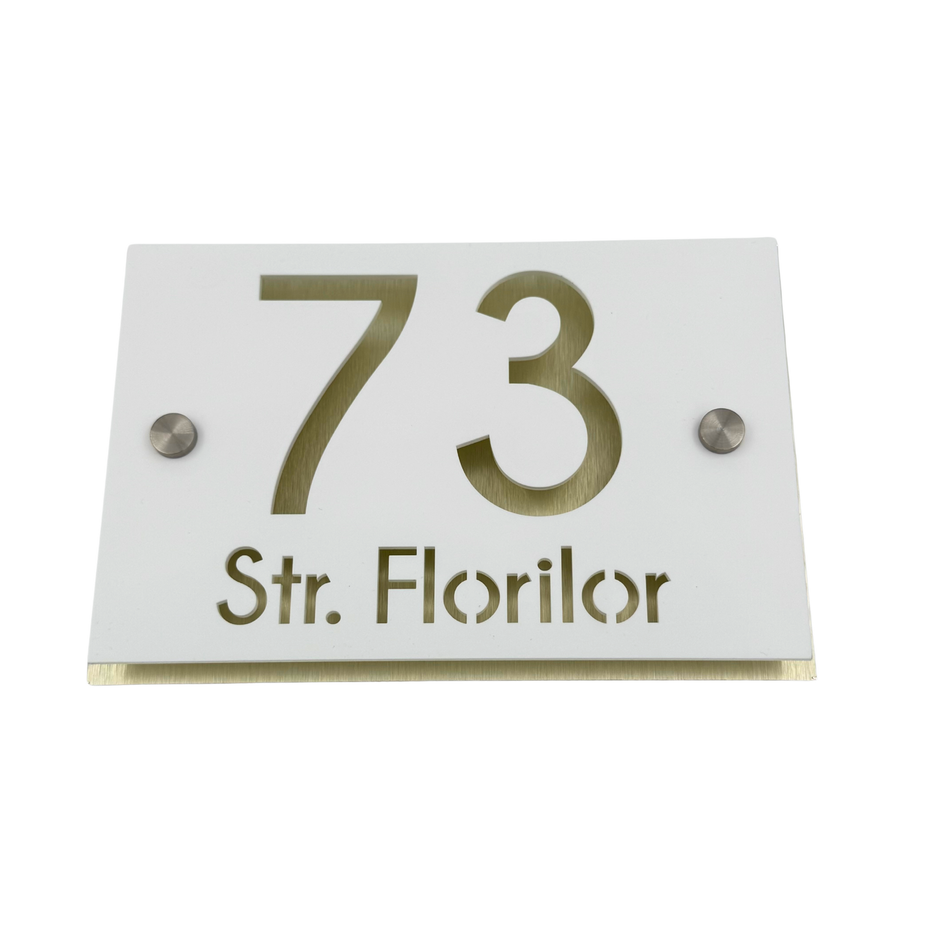 PREMIUM HOUSE NUMBER - White Satin Aluminium Pearly Gold 2 Spacers Silver - 20×13 cm