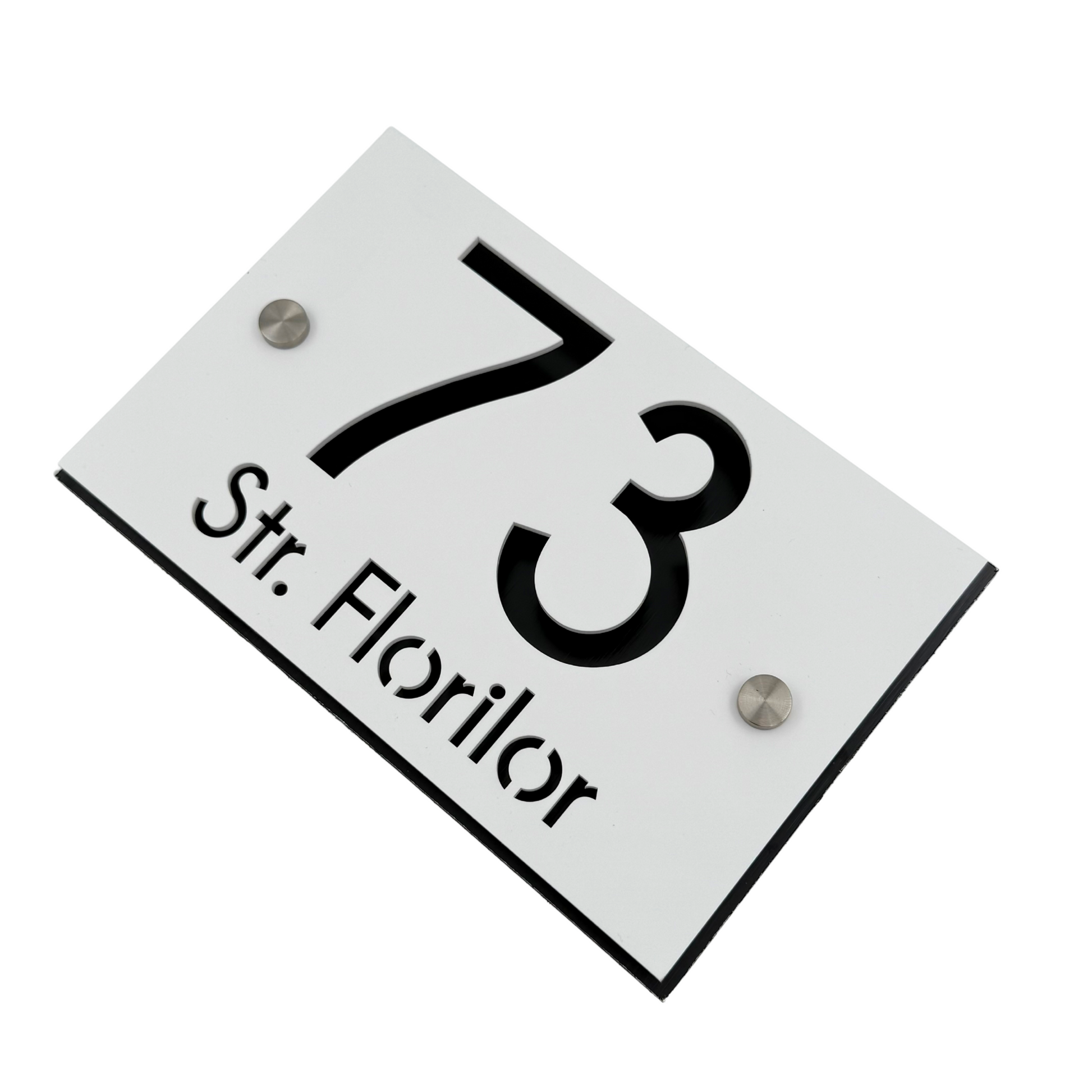 PREMIUM HOUSE NUMBER - White Satin Aluminium Pearly Black 2 Spacers Silver - 20×13 cm